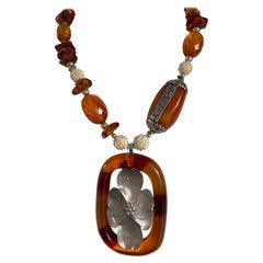LB offers Vintage Resin Buckle SS Brooch Carved Bone Tibetan Amber Bead Necklace