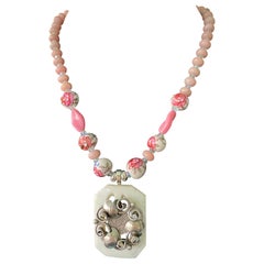 LB offre una spilla SS vintage Collana di cristallo di quarzo rosa e perle di ceramica