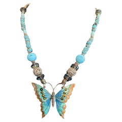 LB offers Vintage SS Enamel Marcasite Butterfly pendant Vintage Glass necklace