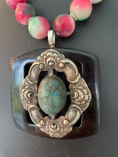LB offers Vintage SS Turquoise Mexican brooch Peking glass Bone Onyx Necklace