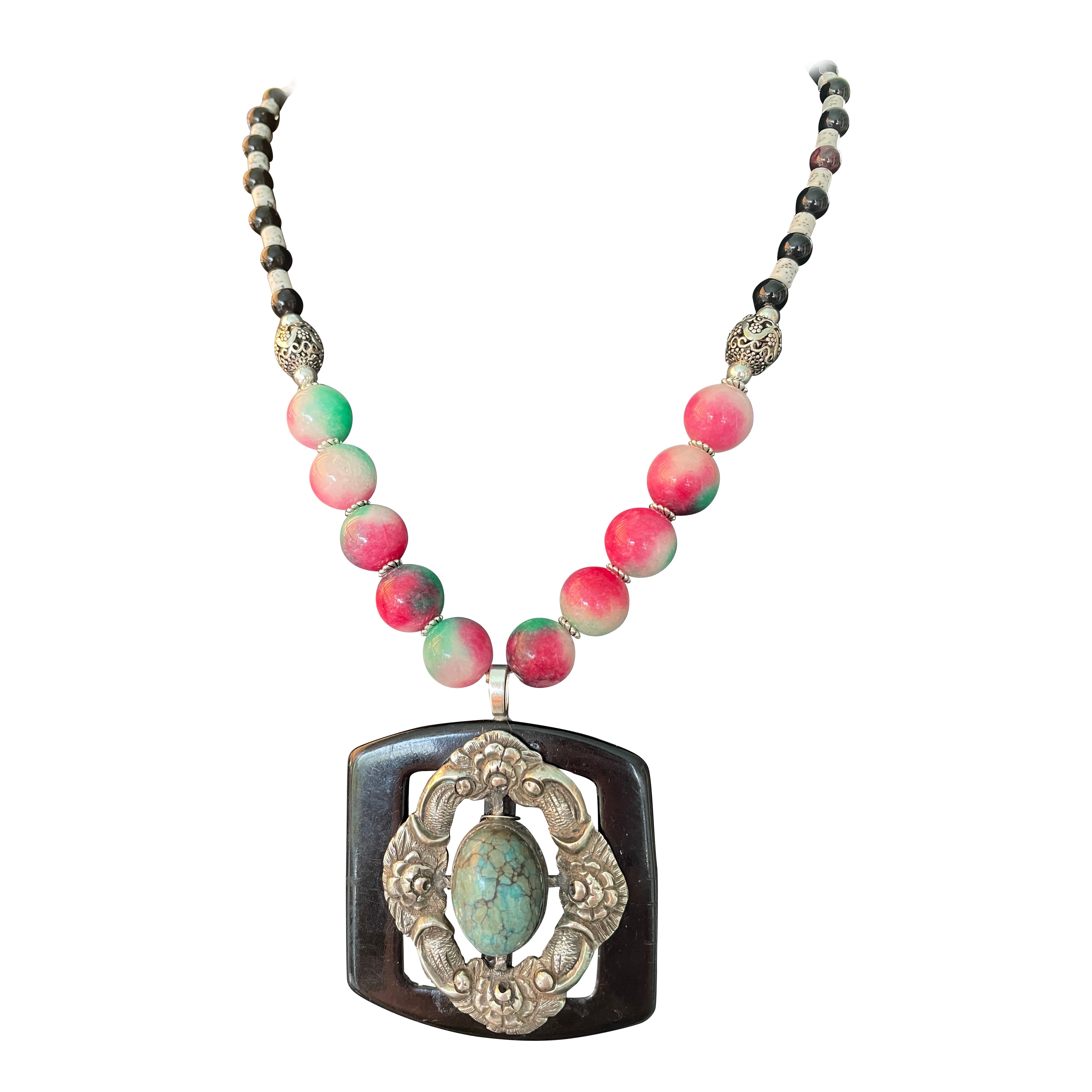 LB offers Vintage SS Turquoise Mexican brooch Peking glass Bone Onyx Necklace For Sale