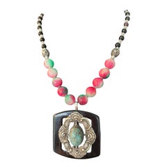 LB offers Vintage SS Turquoise Mexican brooch Peking glass Bone Onyx Necklace