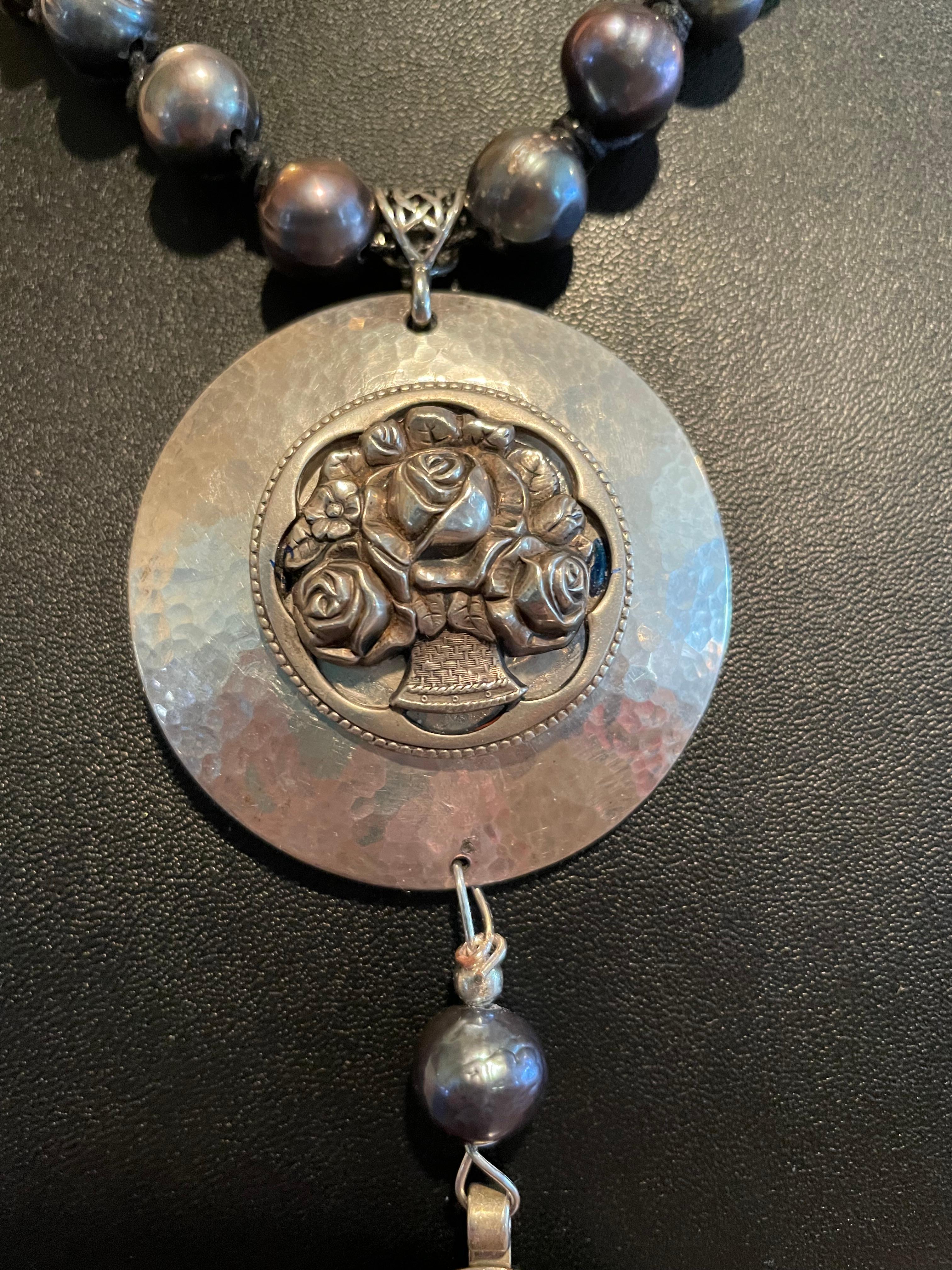 Artisan LB offers Vintage Sterling Brooches Pearl Pendant Peacock Pearls Silver Necklace For Sale