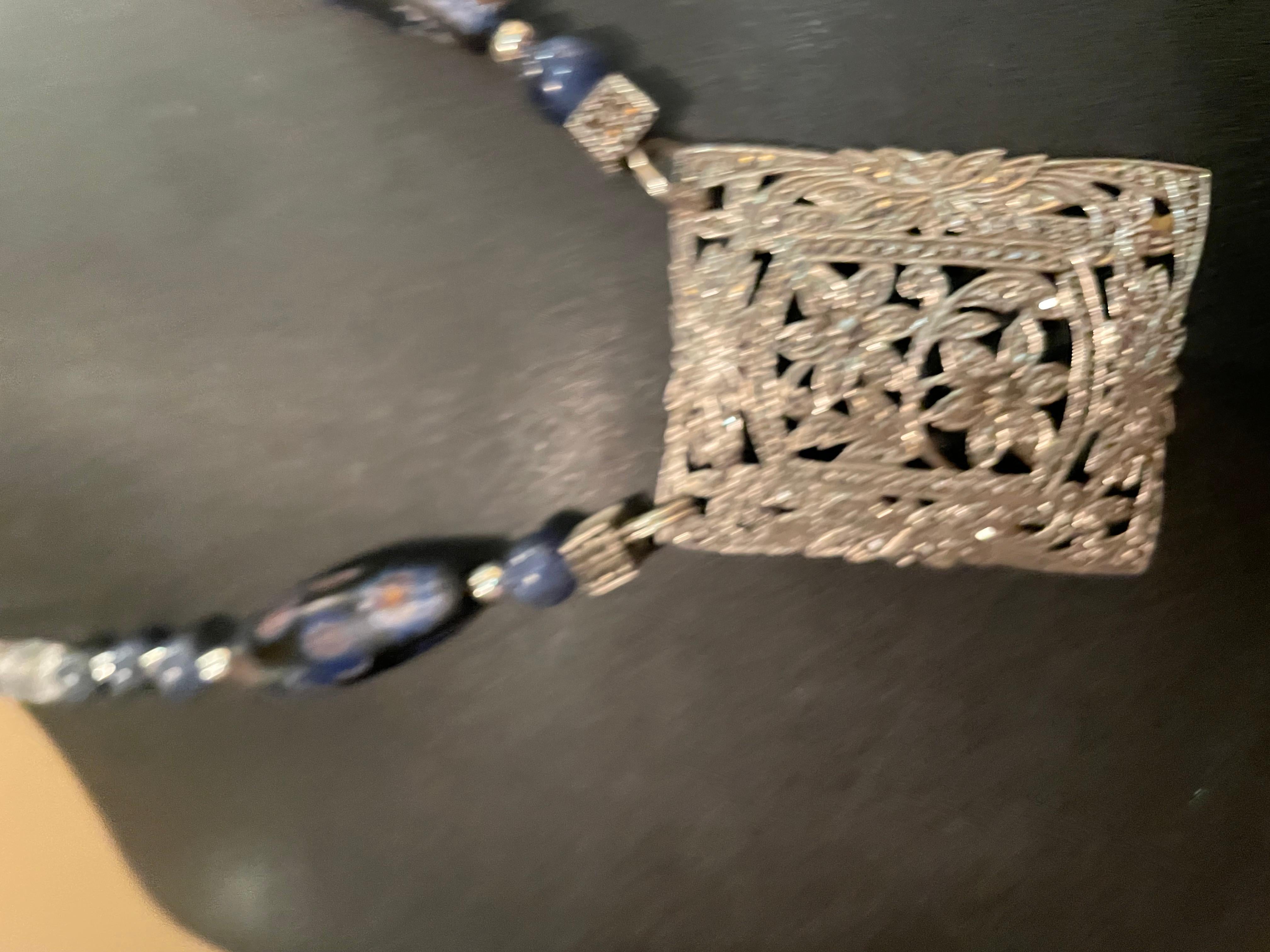 Bead LB offers Vintage Sterling Deco pendant Venetian beads Lapis Crystal necklace For Sale