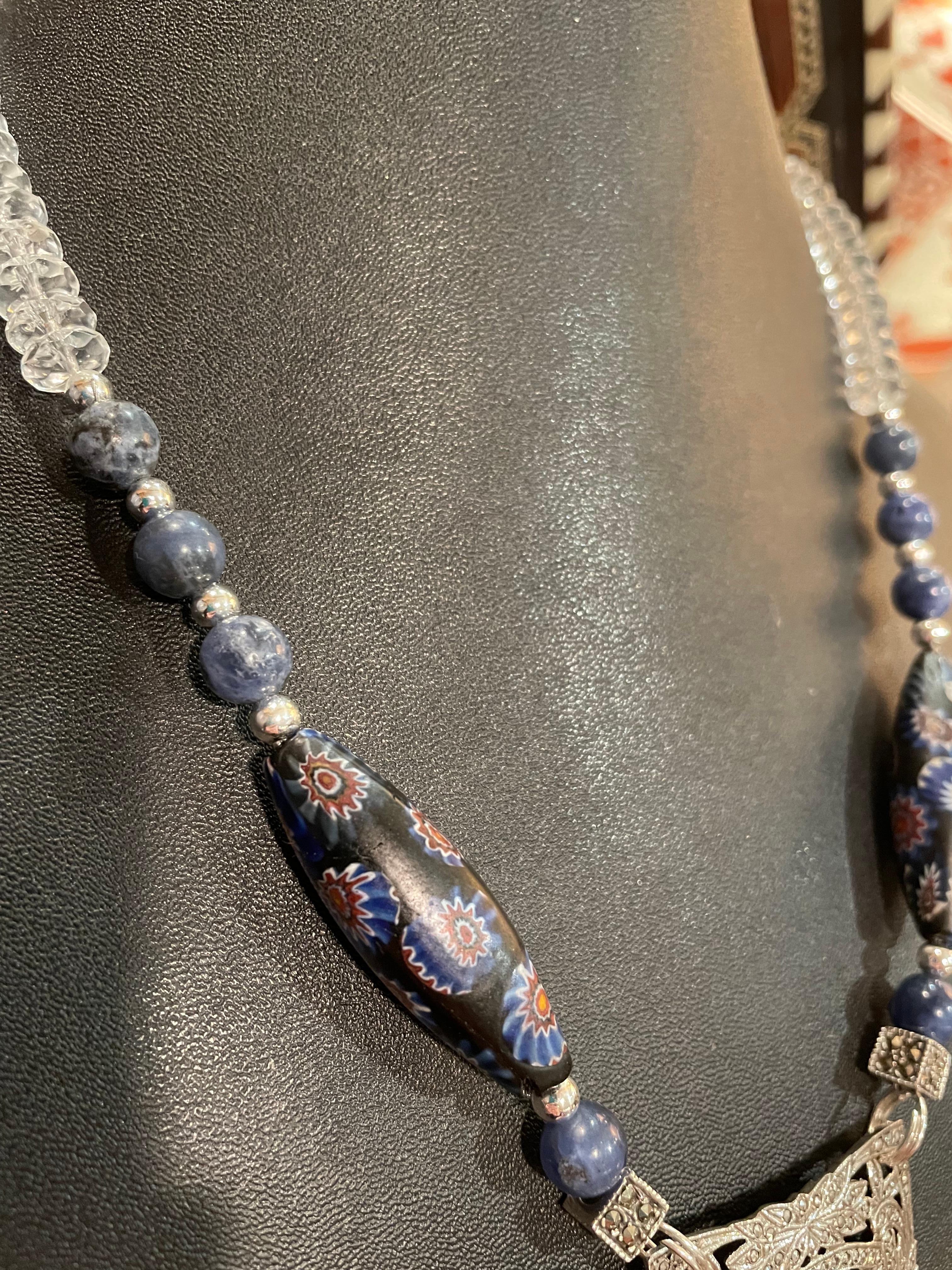 LB offers Vintage Sterling Deco pendant Venetian beads Lapis Crystal necklace For Sale 1