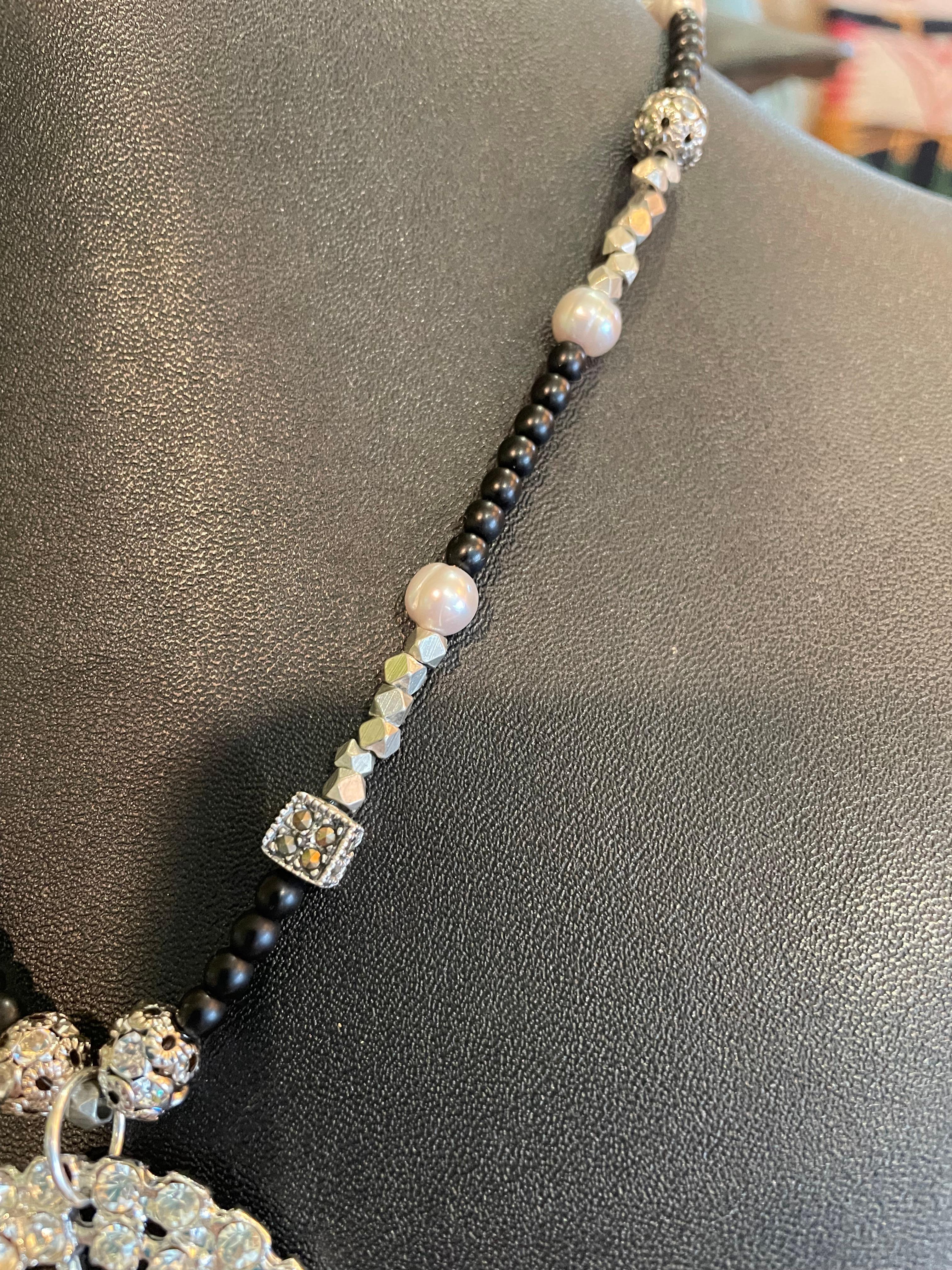 LB offers Vintage Sterling Dragonfly Onyx Freshwater Pearls Sterling Necklace For Sale 4