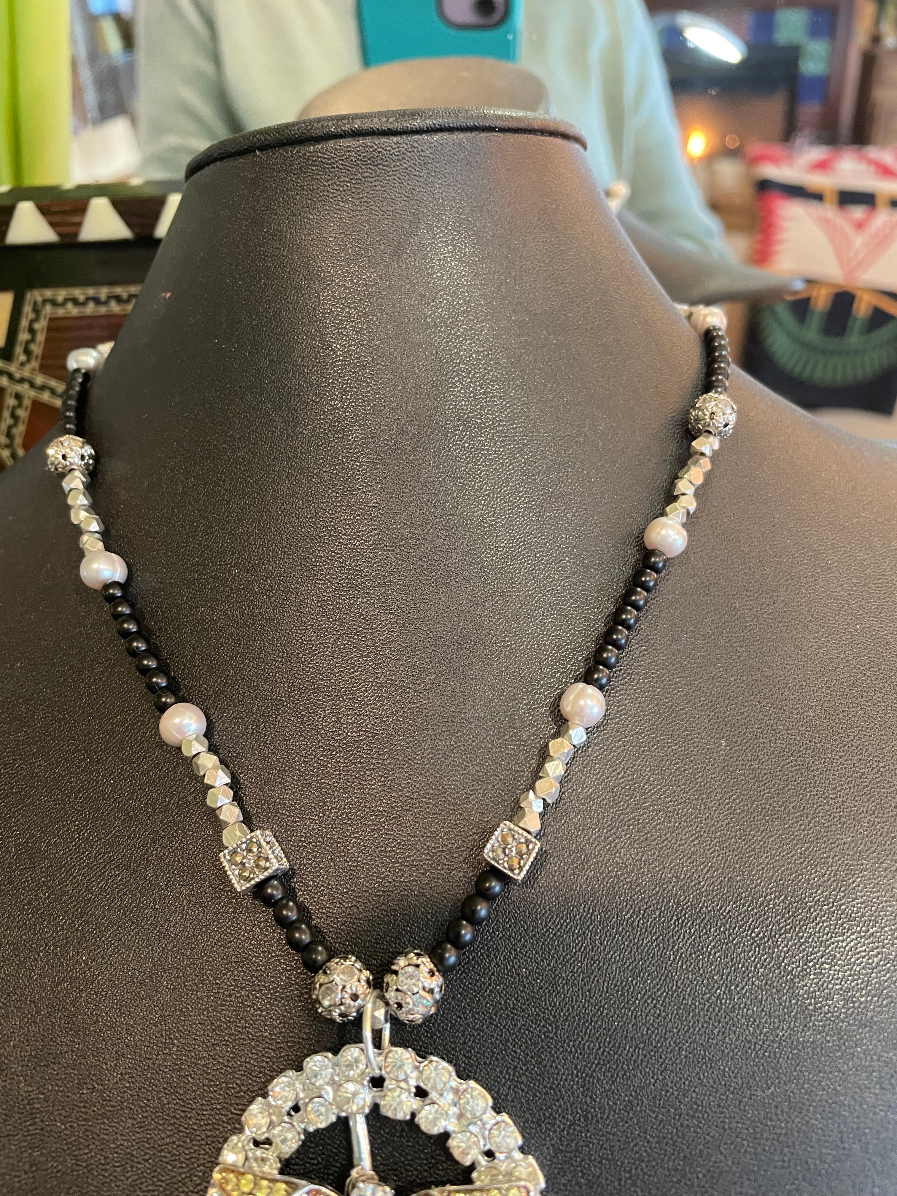 Artisan LB offers Vintage Sterling Dragonfly Onyx Freshwater Pearls Sterling Necklace For Sale