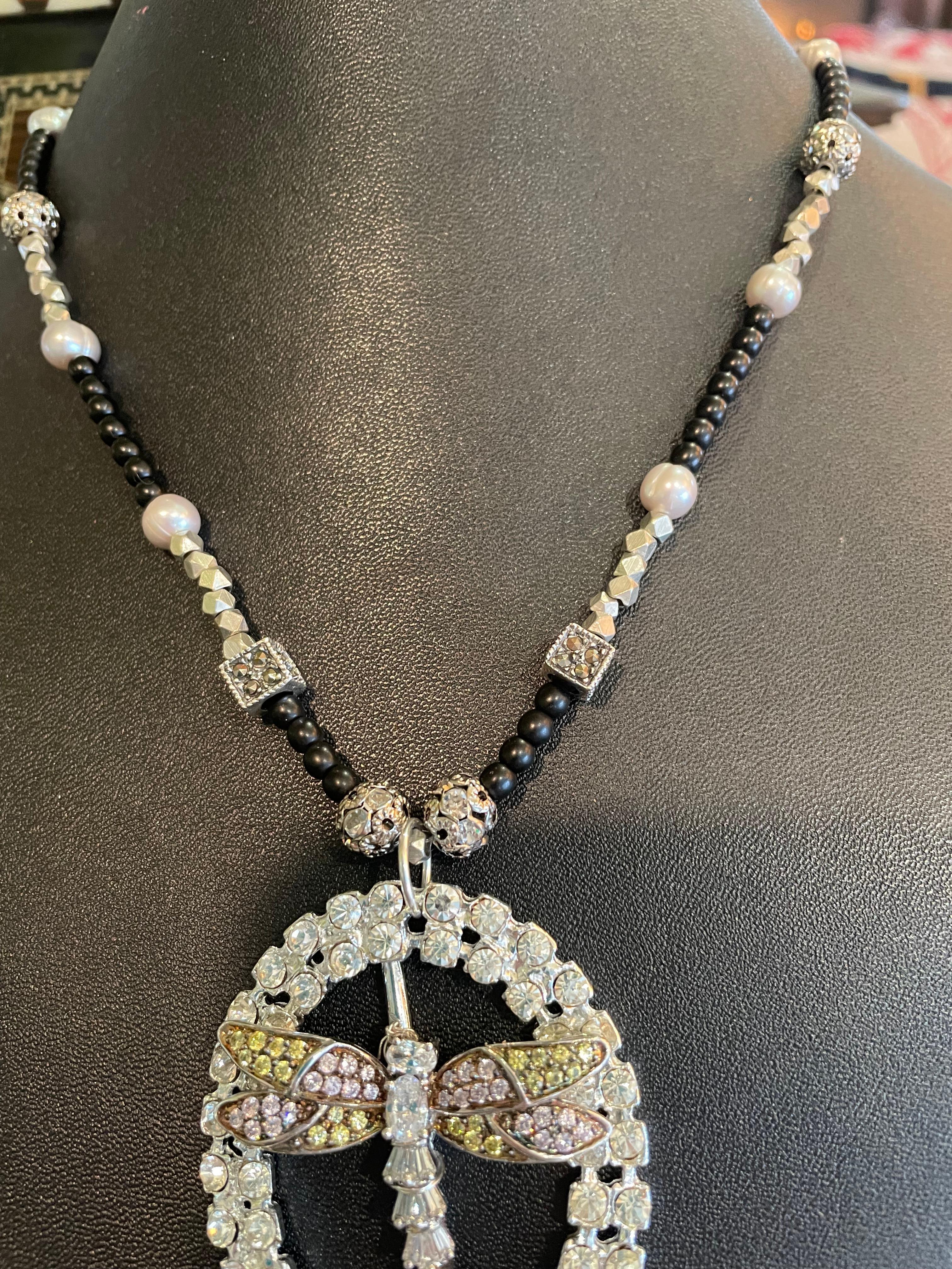 Bead LB offers Vintage Sterling Dragonfly Onyx Freshwater Pearls Sterling Necklace For Sale
