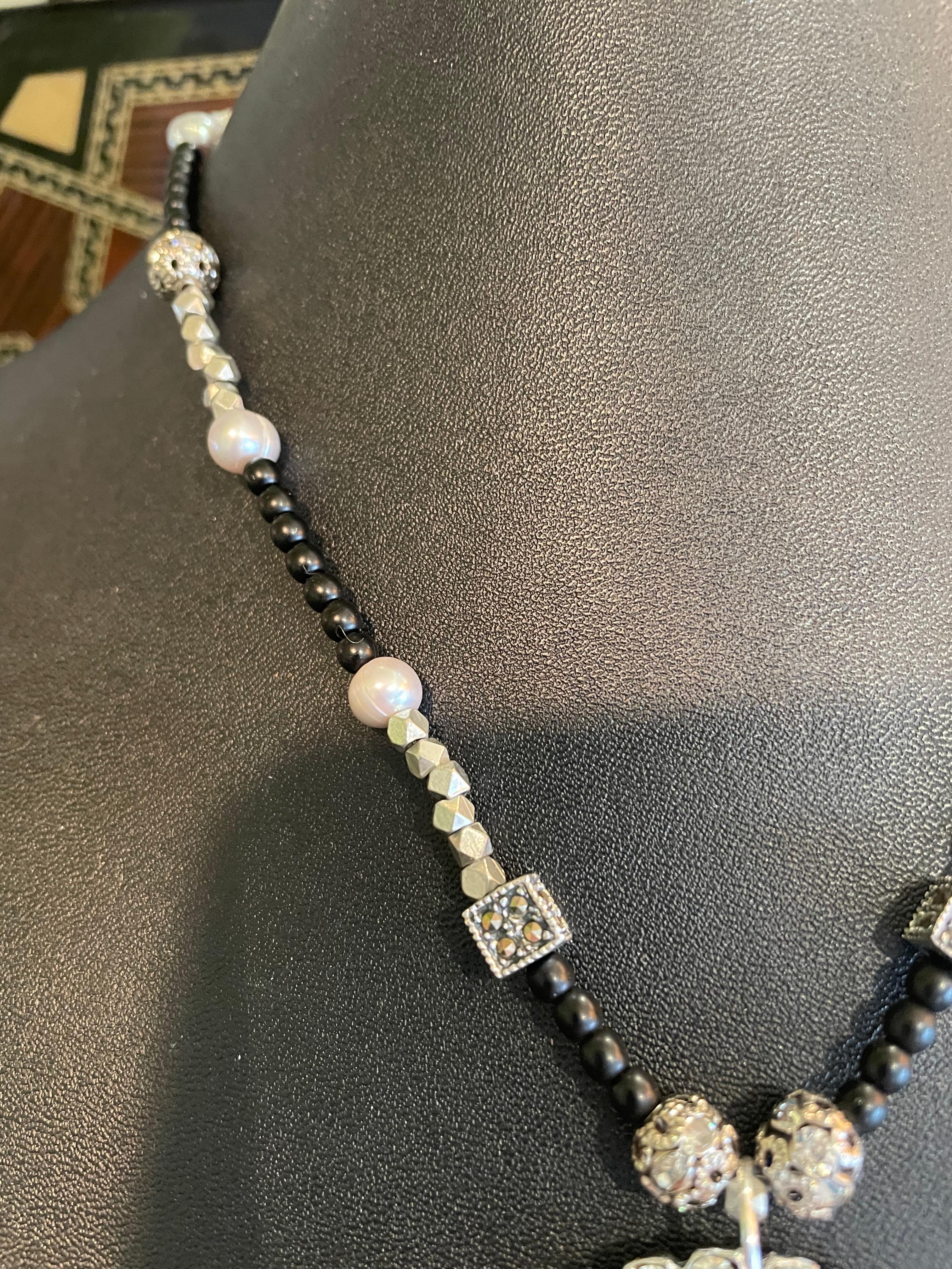 Women's or Men's LB offers Vintage Sterling Dragonfly Onyx Freshwater Pearls Sterling Necklace For Sale