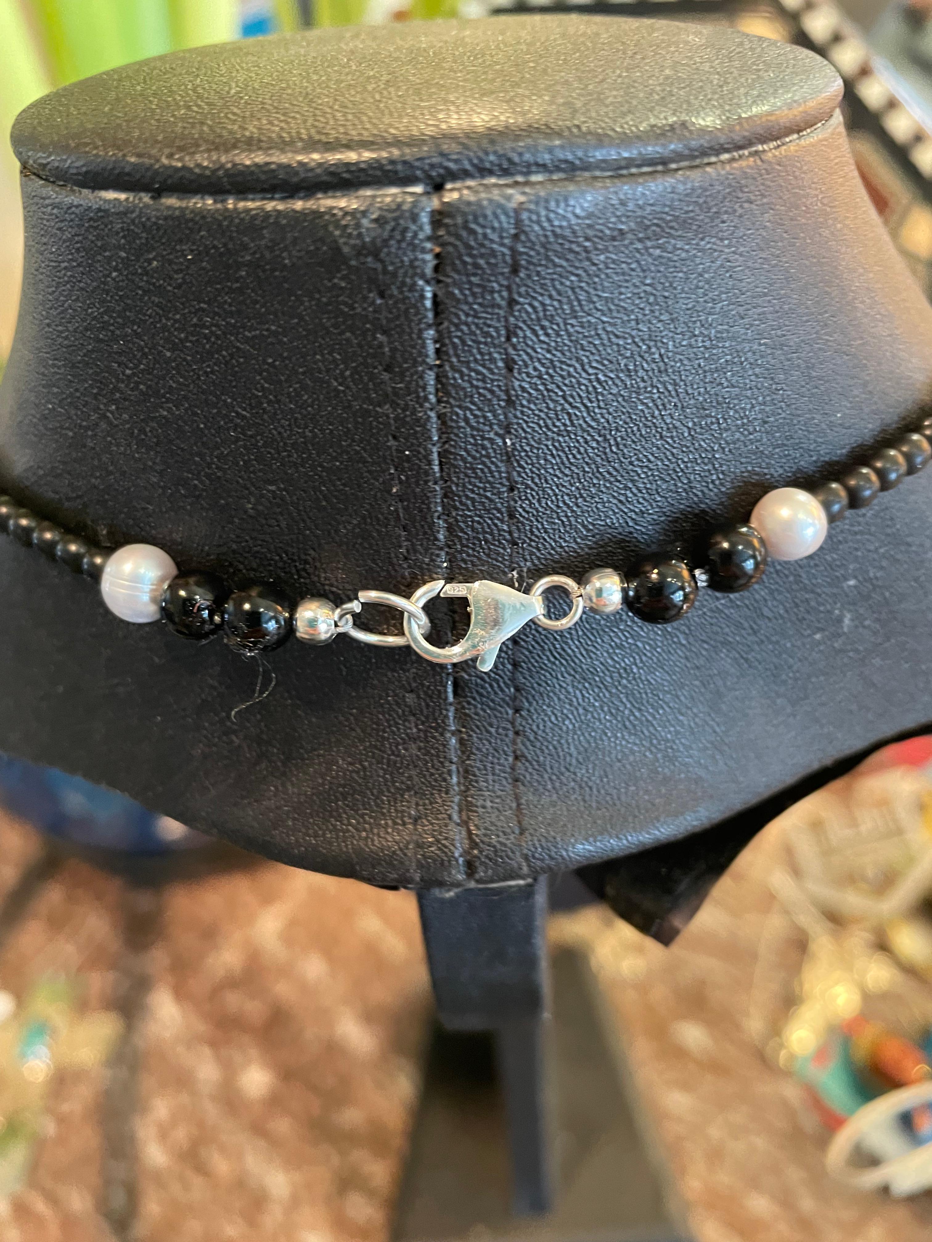 LB offers Vintage Sterling Dragonfly Onyx Freshwater Pearls Sterling Necklace For Sale 1
