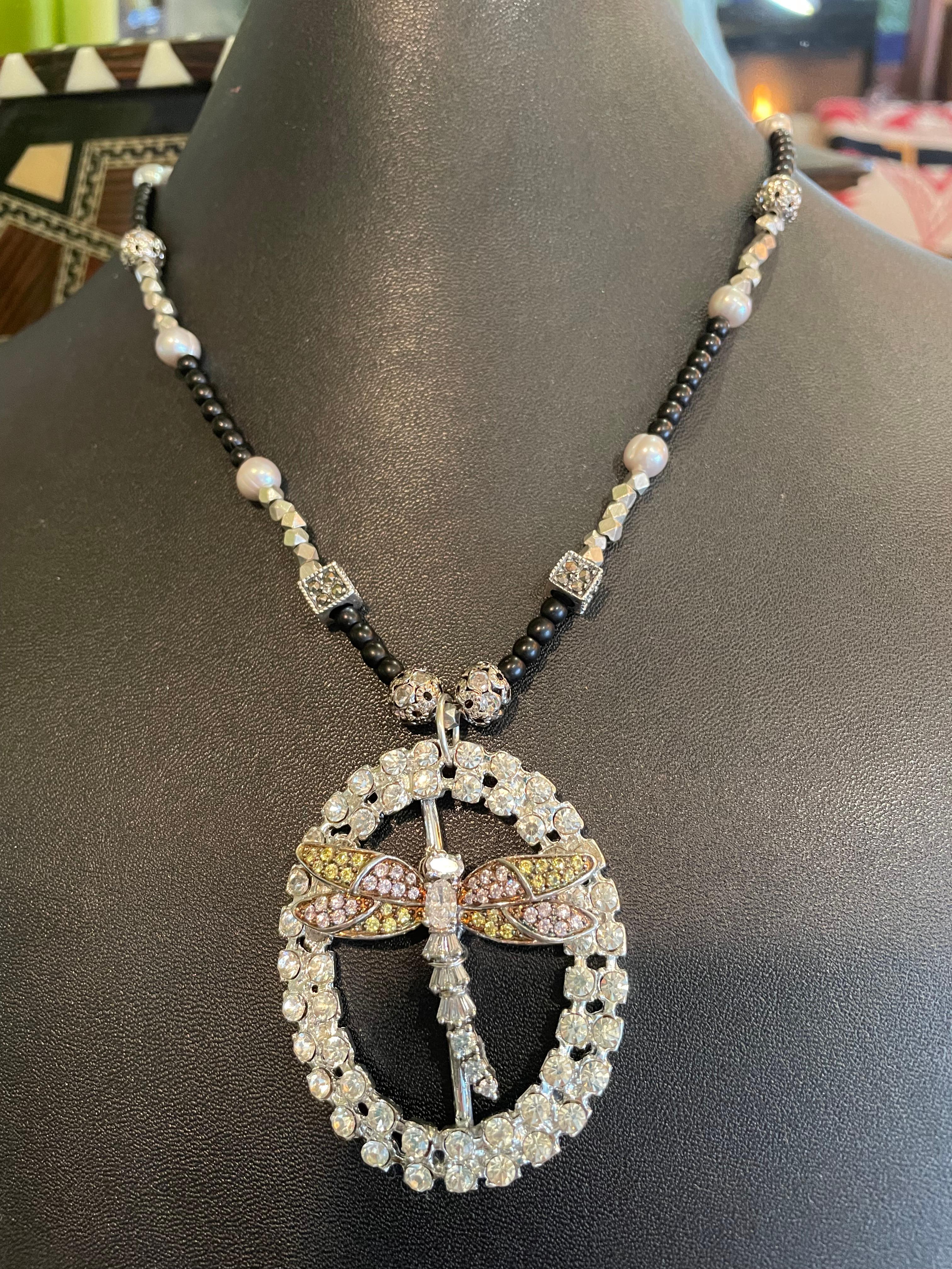 LB offers Vintage Sterling Dragonfly Onyx Freshwater Pearls Sterling Necklace For Sale 2