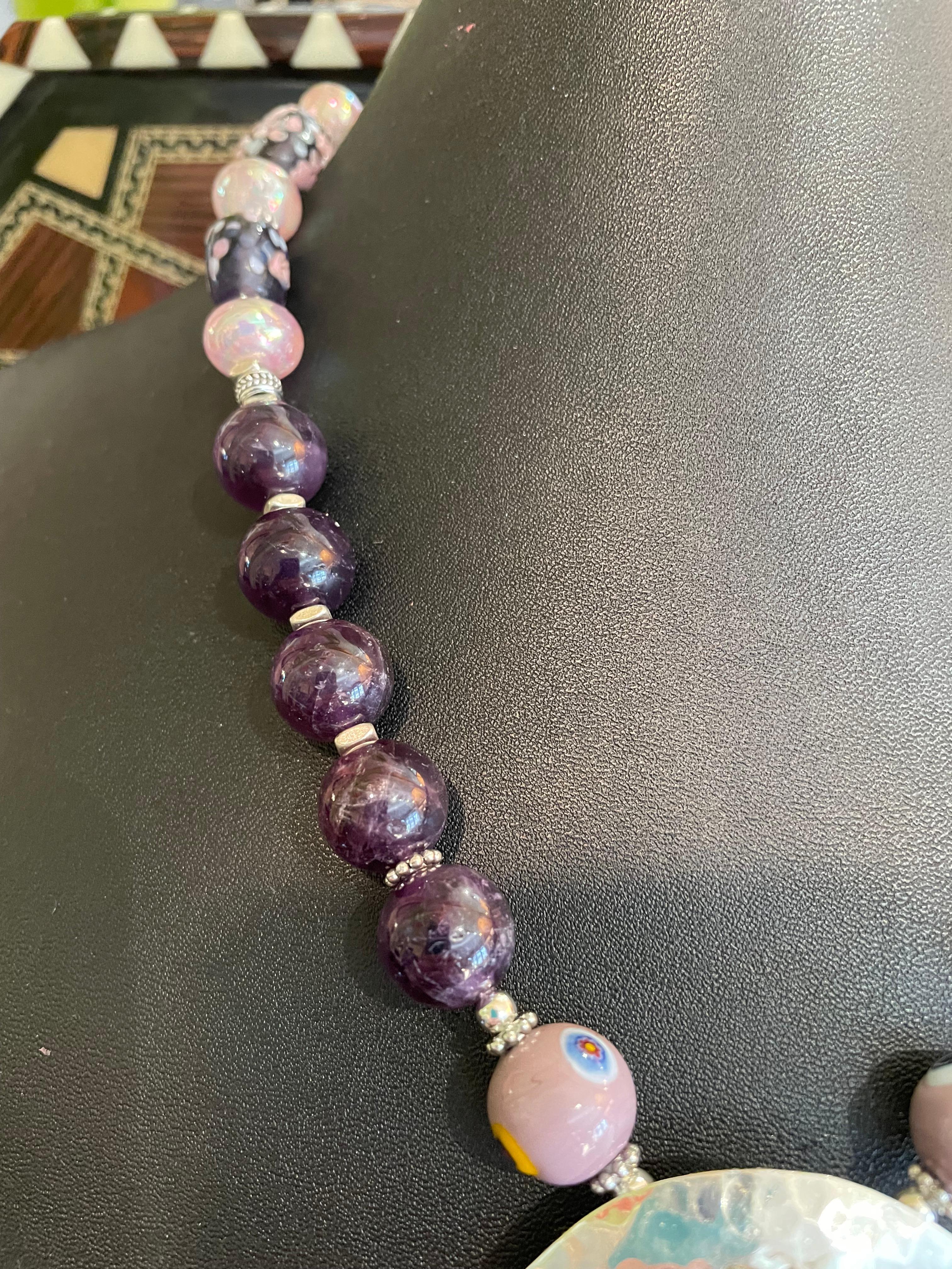 Bead LB offers Vintage Sterling flower Pendant Amethyst Rose Quartz Venetian Necklace For Sale