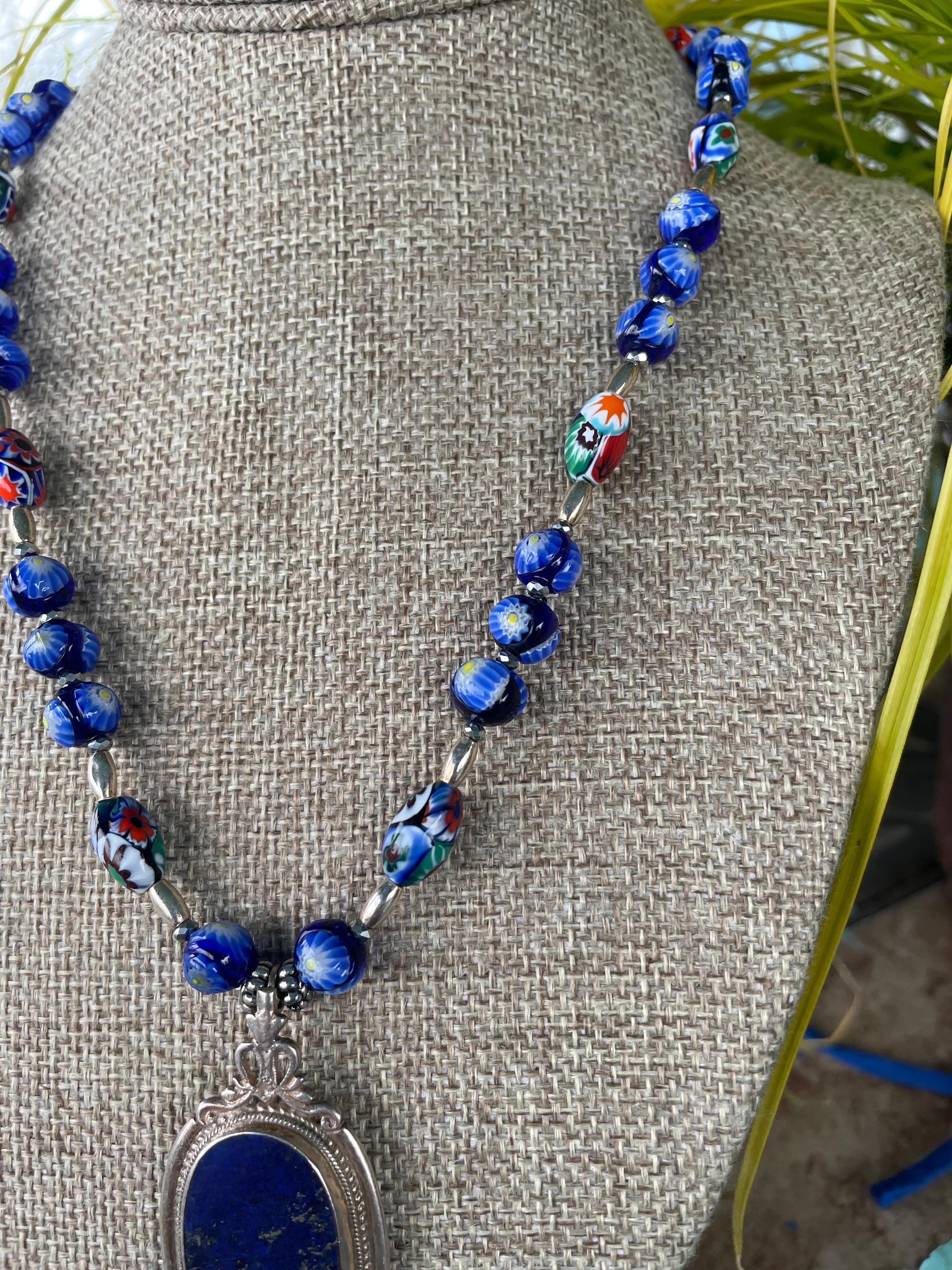 Artisan LB offers Vintage Sterling Lapis pendant vintage Venetian glass beads necklace For Sale