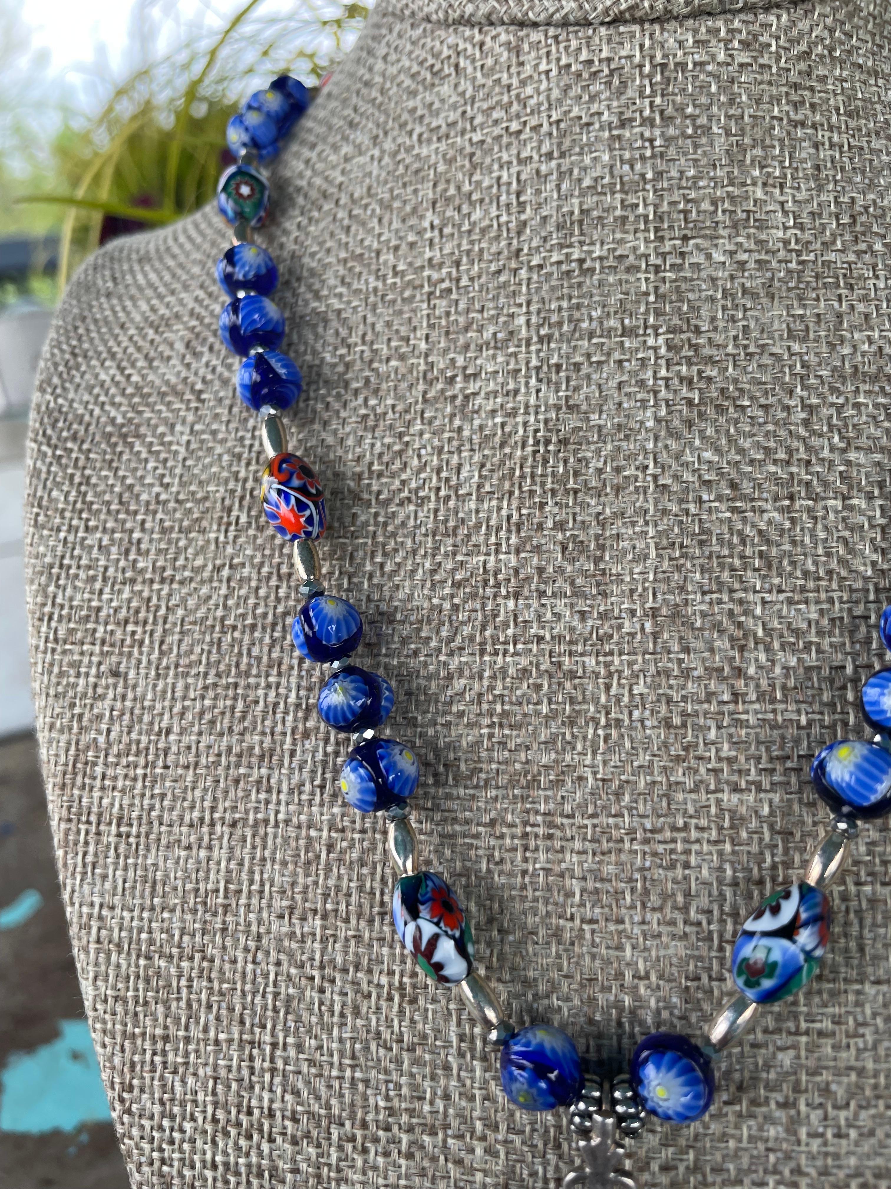 Cabochon LB offers Vintage Sterling Lapis pendant vintage Venetian glass beads necklace For Sale