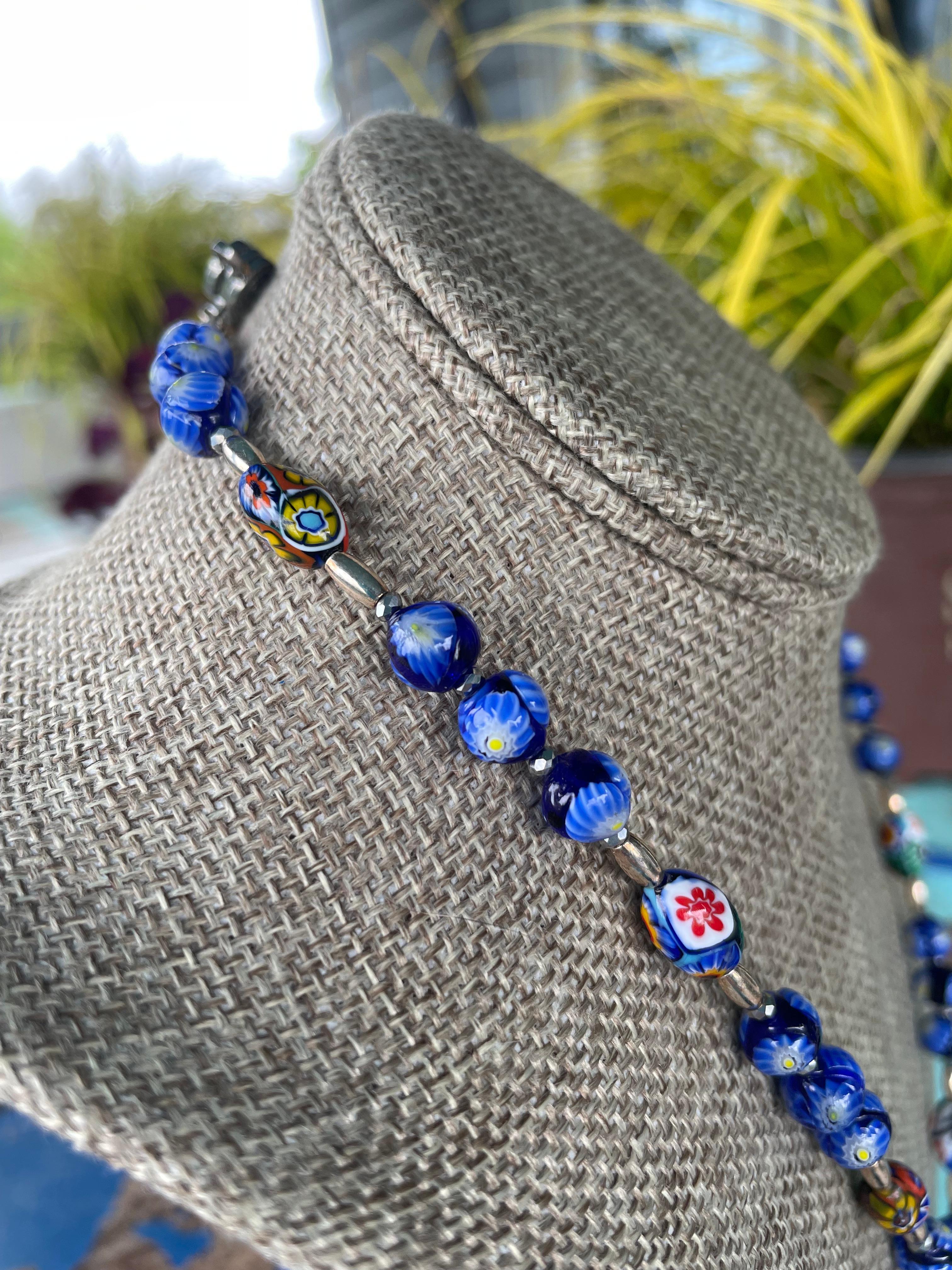 Women's or Men's LB offers Vintage Sterling Lapis pendant vintage Venetian glass beads necklace For Sale