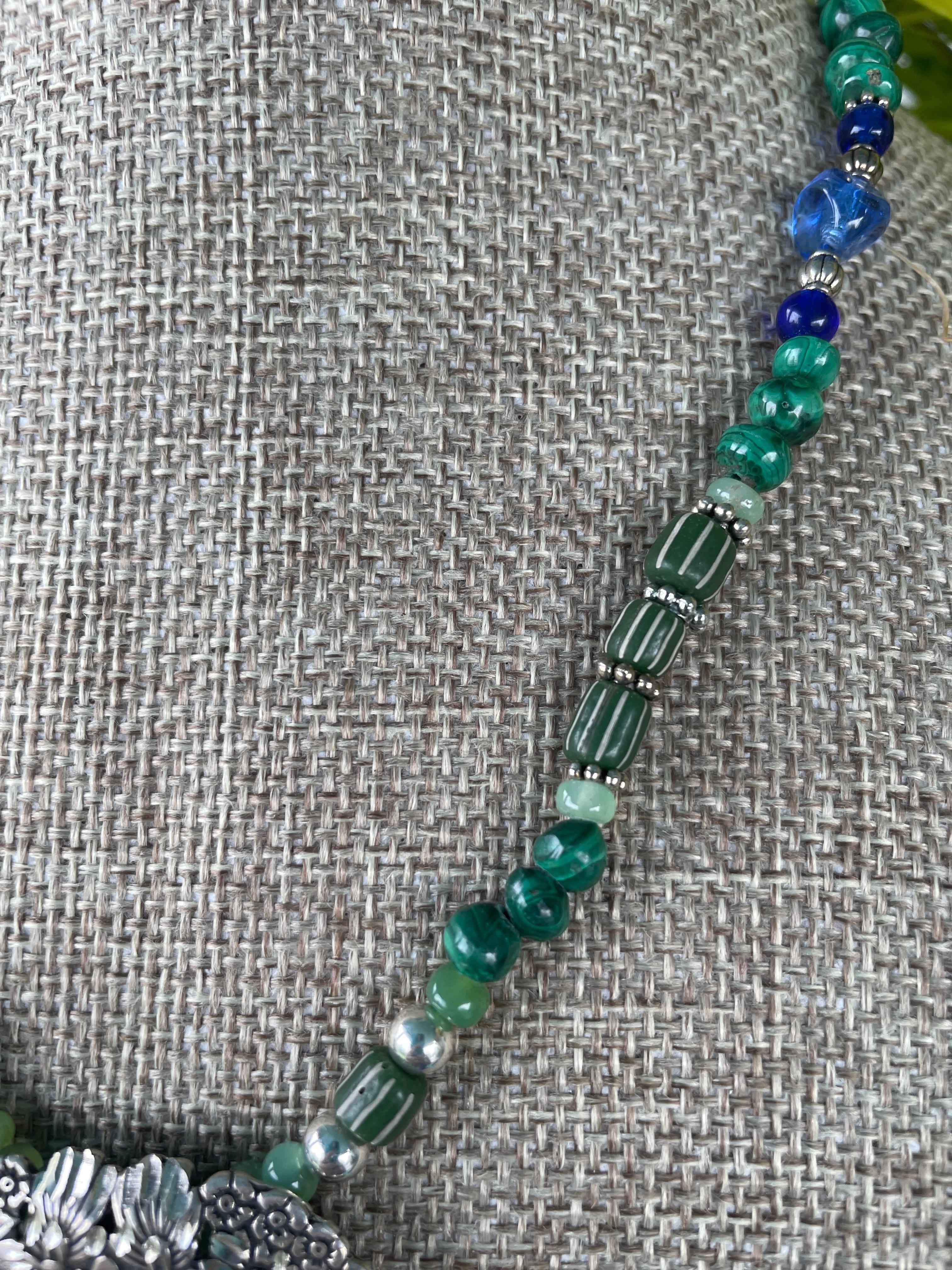 LB ofrece Vintage Sterling Malaquita colgante Cristal veneciano esterlina Collar Cuenta en venta