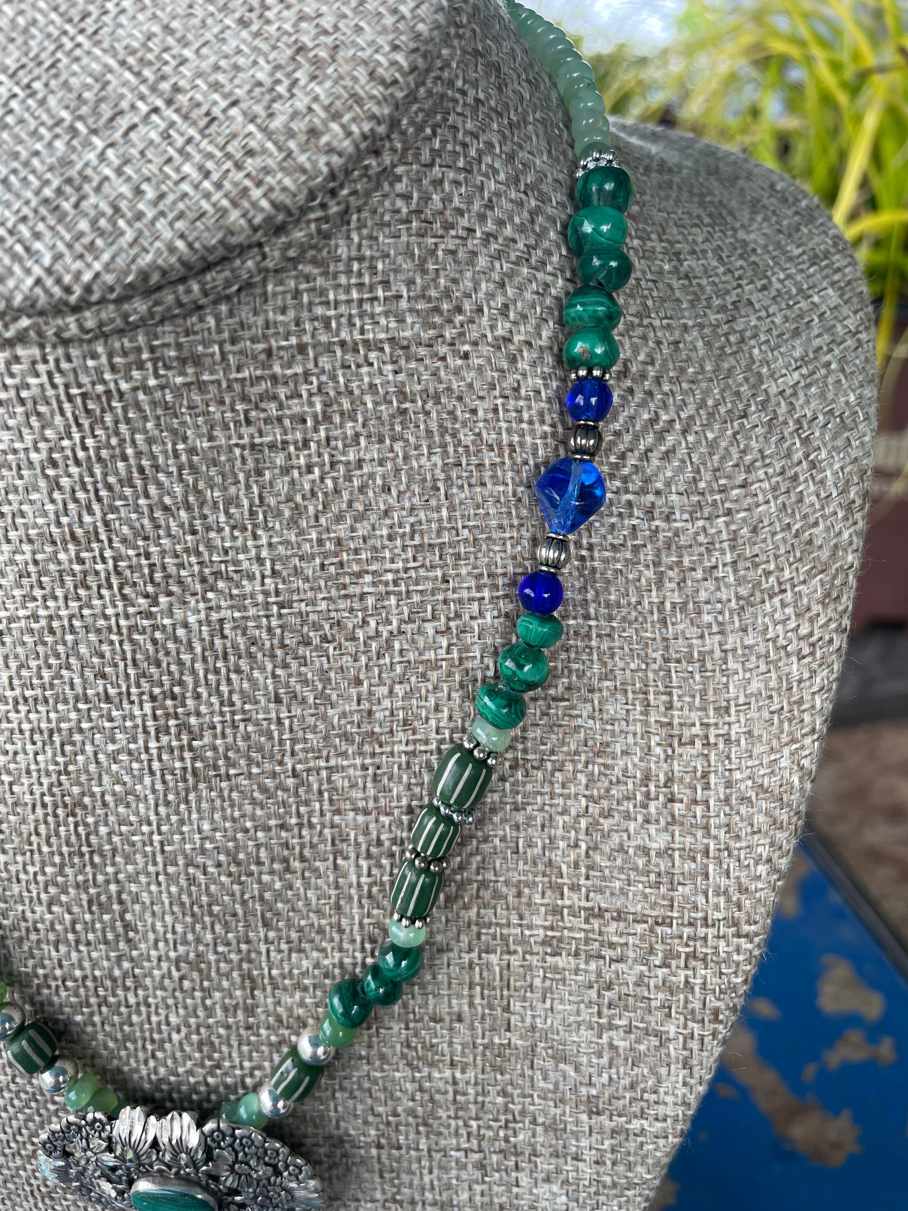 Femenino o masculino LB ofrece Vintage Sterling Malaquita colgante Cristal veneciano esterlina Collar en venta