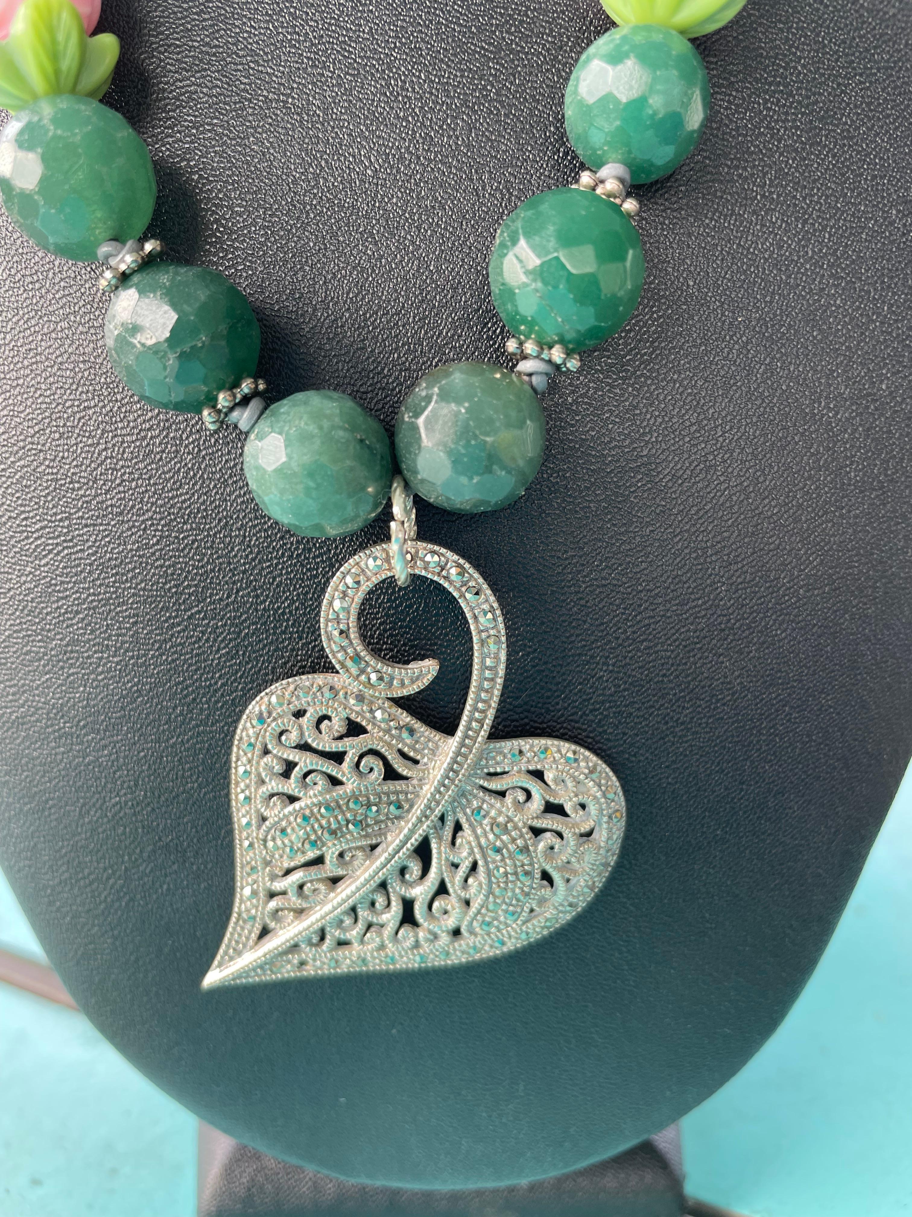 Art Nouveau LB offers Vintage Sterling Marcasite Leaf Brooch pendant Vintage glass necklace For Sale