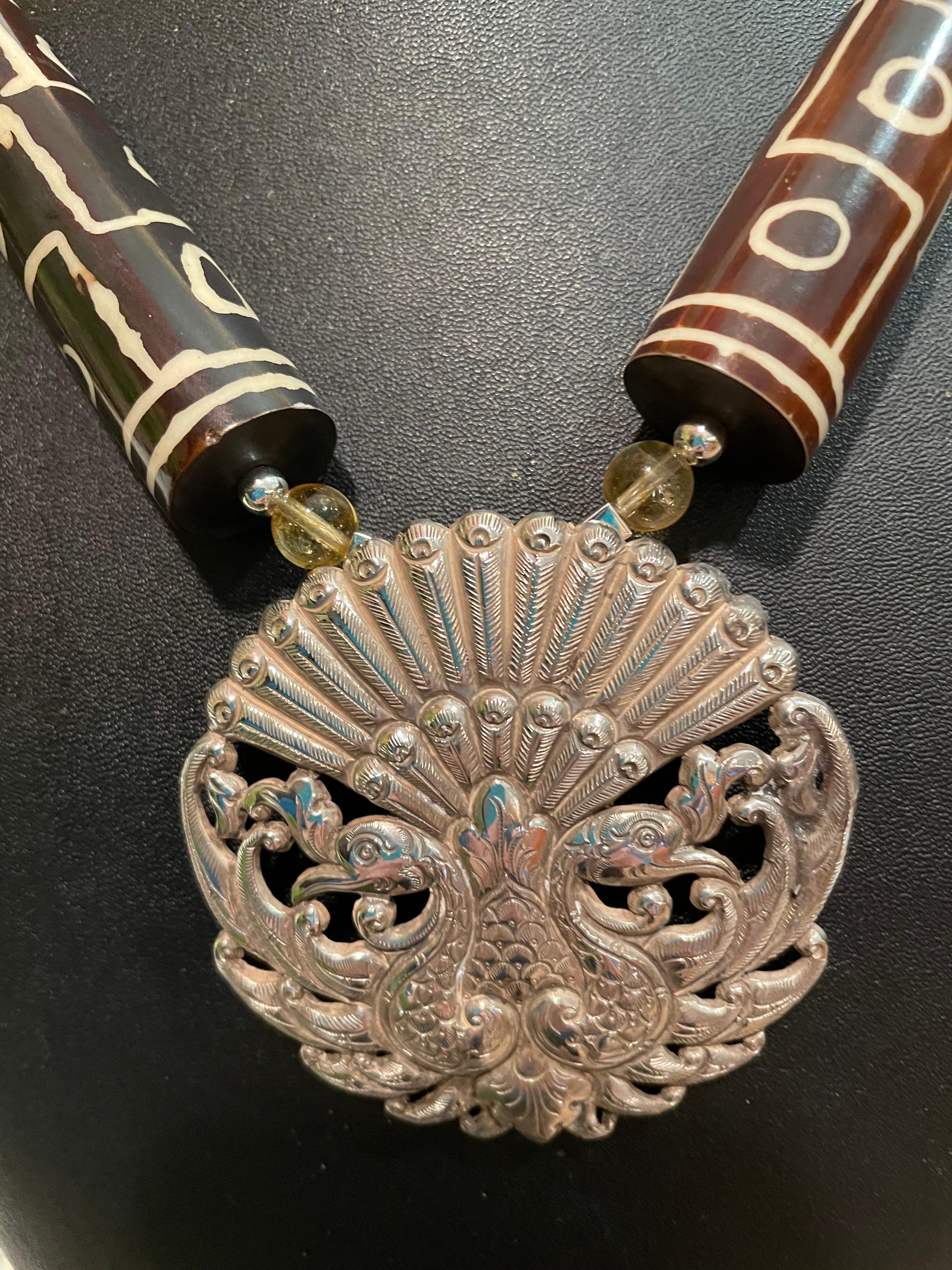 Art Deco LB offers Vintage Sterling Silver Peacock Buckle Tibetan Amber African Necklace For Sale