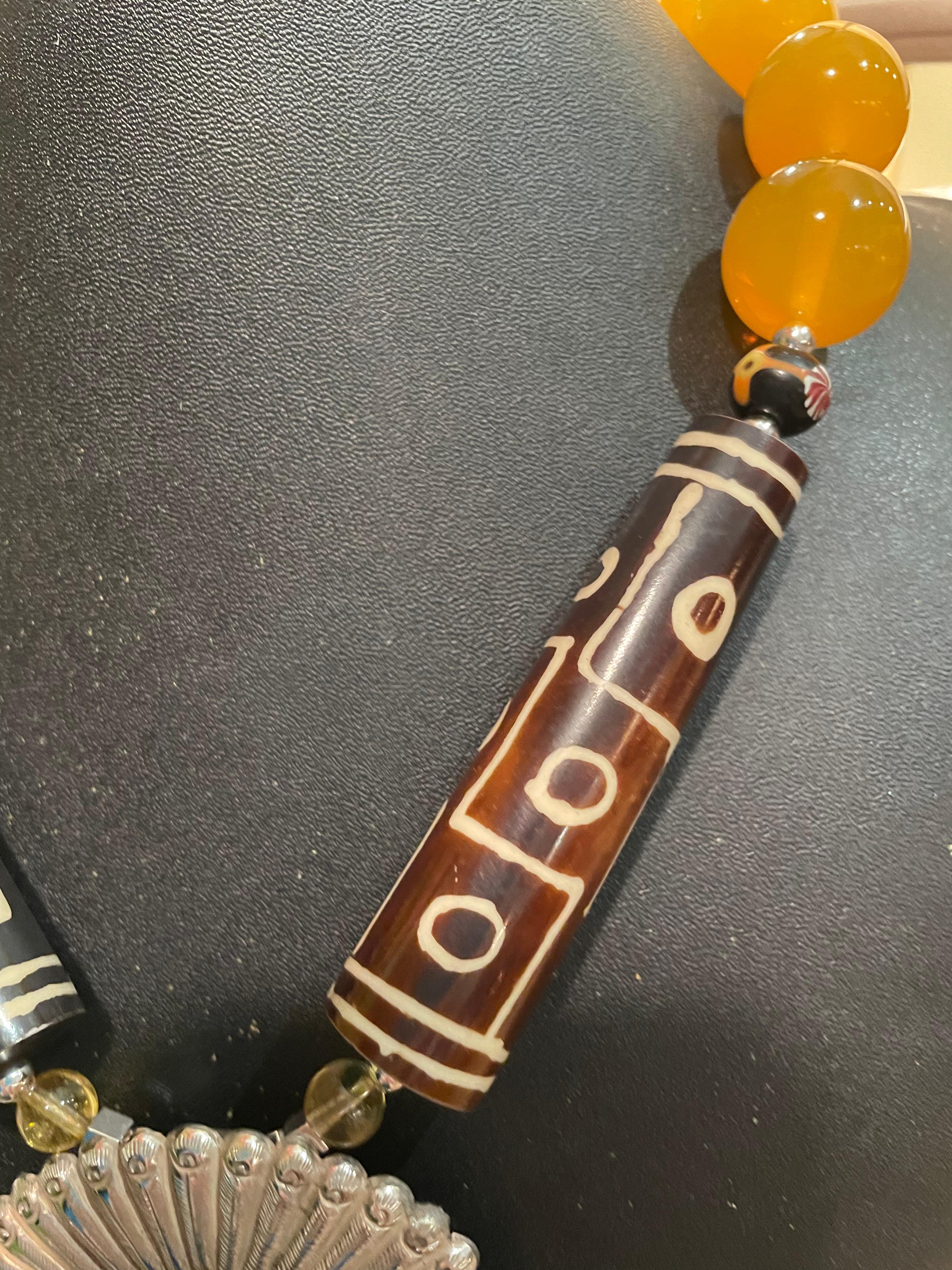Bead LB offers Vintage Sterling Silver Peacock Buckle Tibetan Amber African Necklace For Sale