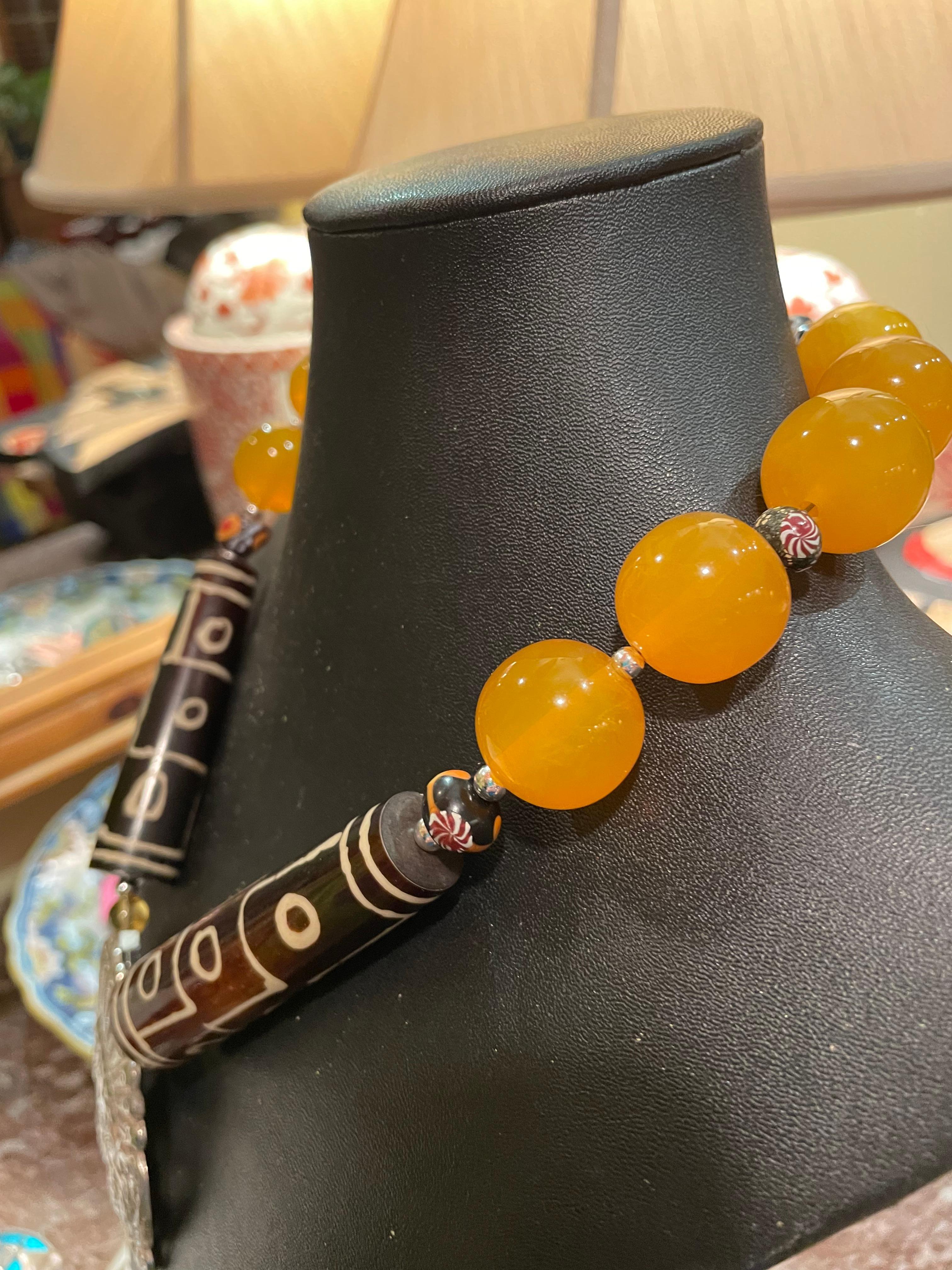 Women's or Men's LB offers Vintage Sterling Silver Peacock Buckle Tibetan Amber African Necklace For Sale