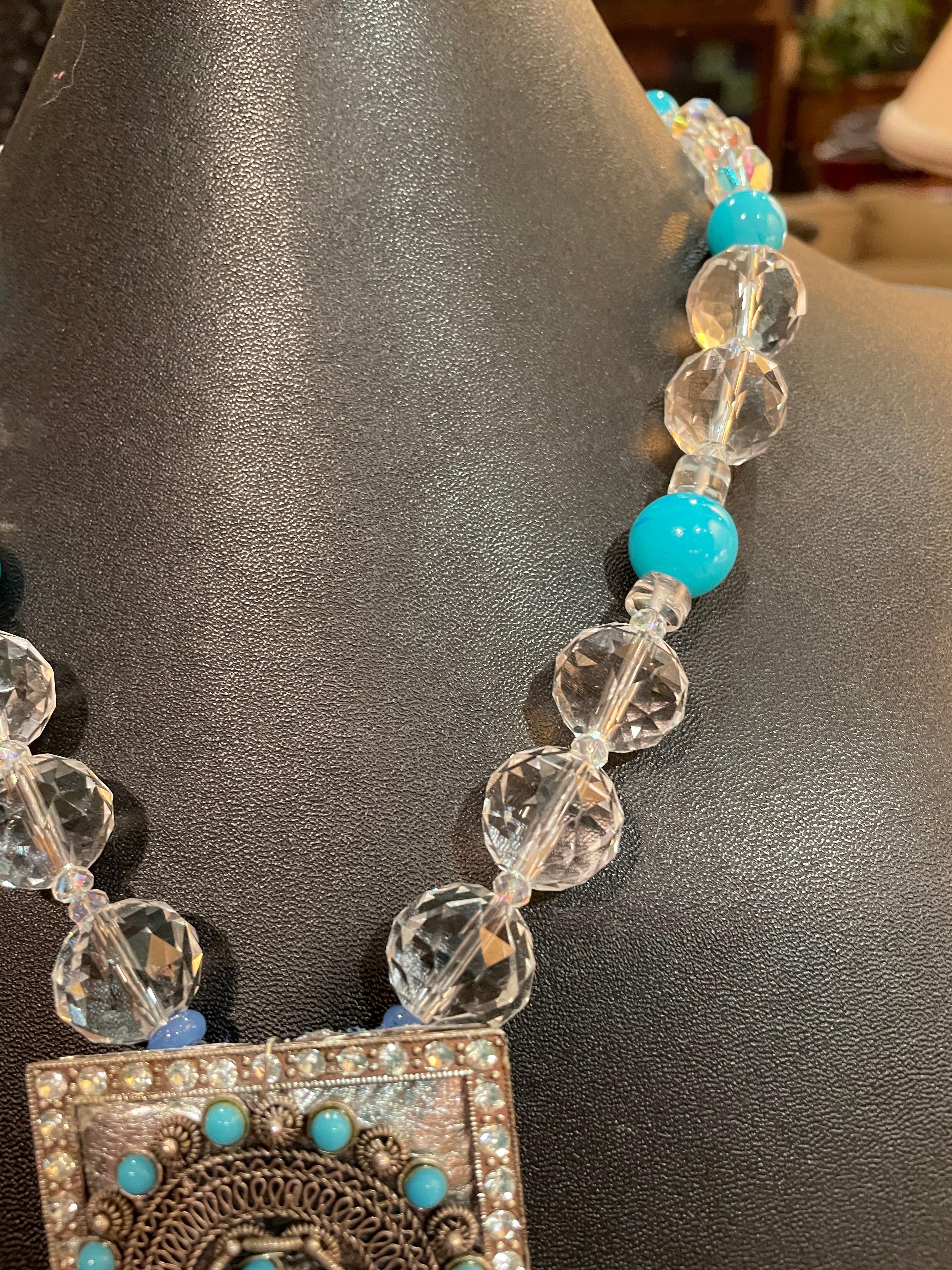 Art Deco LB offers Vintage Sterling Turquoise Belt Buckle pendant Crystal Glass Necklace For Sale