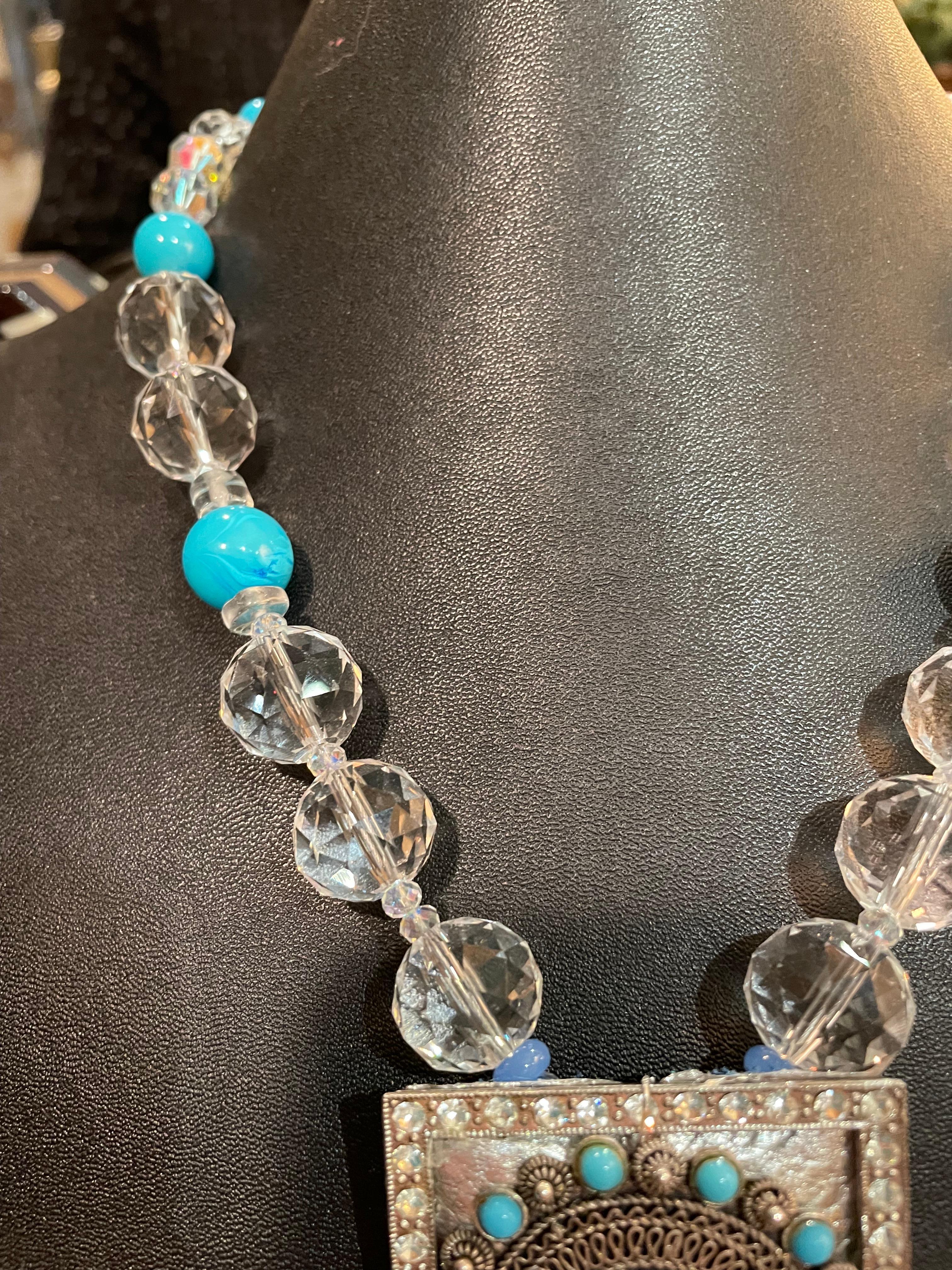 Bead LB offers Vintage Sterling Turquoise Belt Buckle pendant Crystal Glass Necklace For Sale