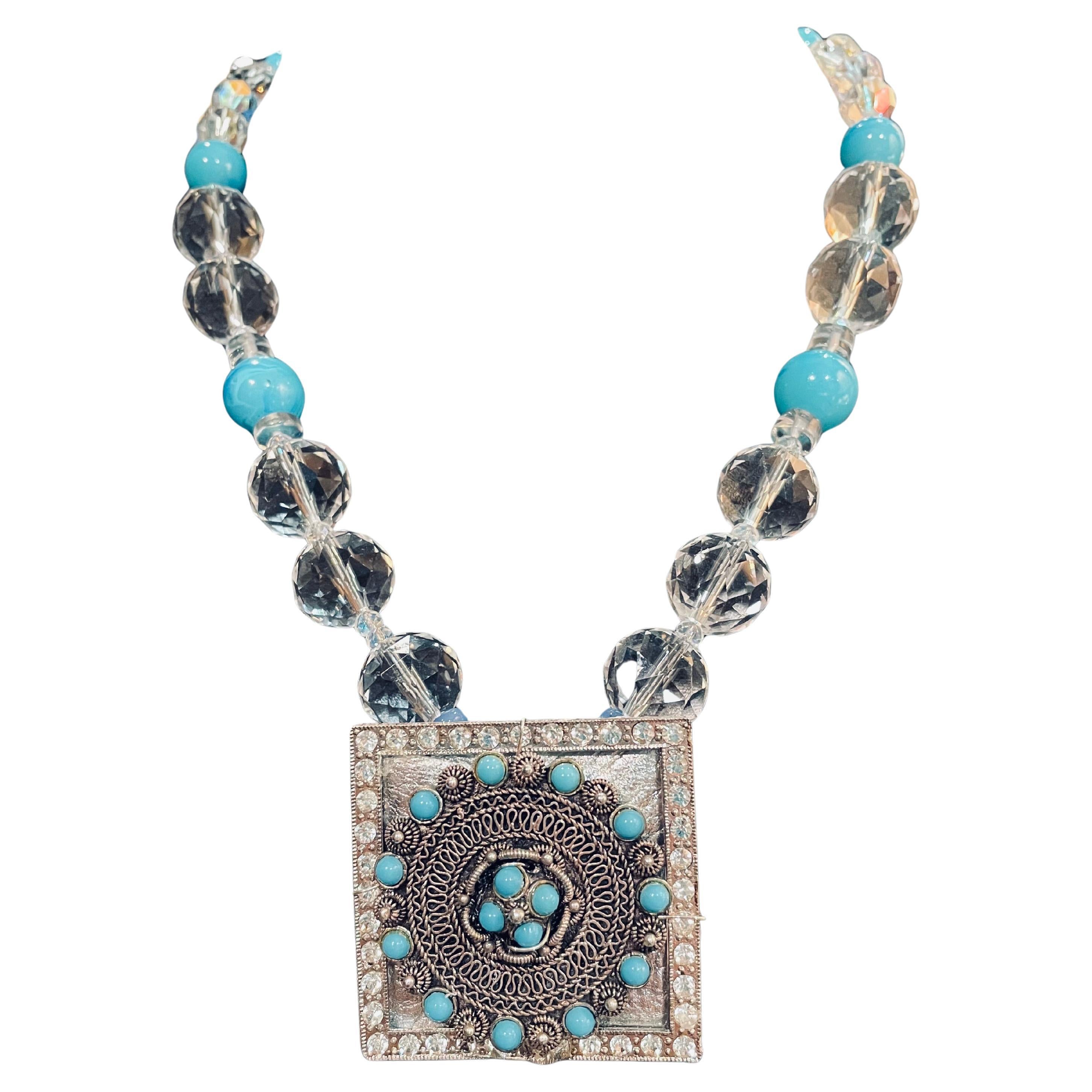 LB offers Vintage Sterling Turquoise Belt Buckle pendant Crystal Glass Necklace For Sale