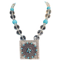 LB offers Vintage Sterling Turquoise Belt Buckle pendant Crystal Glass Necklace
