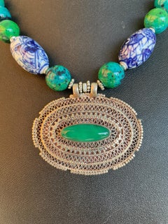 LB offers Vintage Tibetan pendant Chinese porcelain Azurite Lapis OOAK necklace