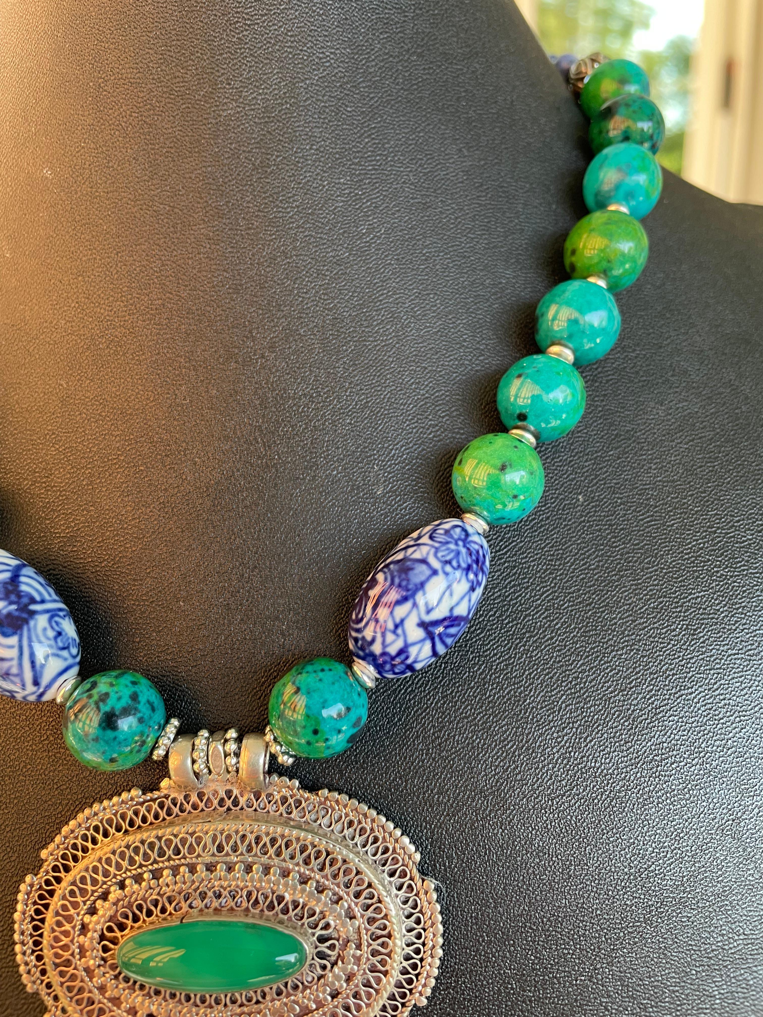 Anglo-Indian LB offers Vintage Tibetan pendant Chinese porcelain Azurite Lapis OOAK necklace For Sale