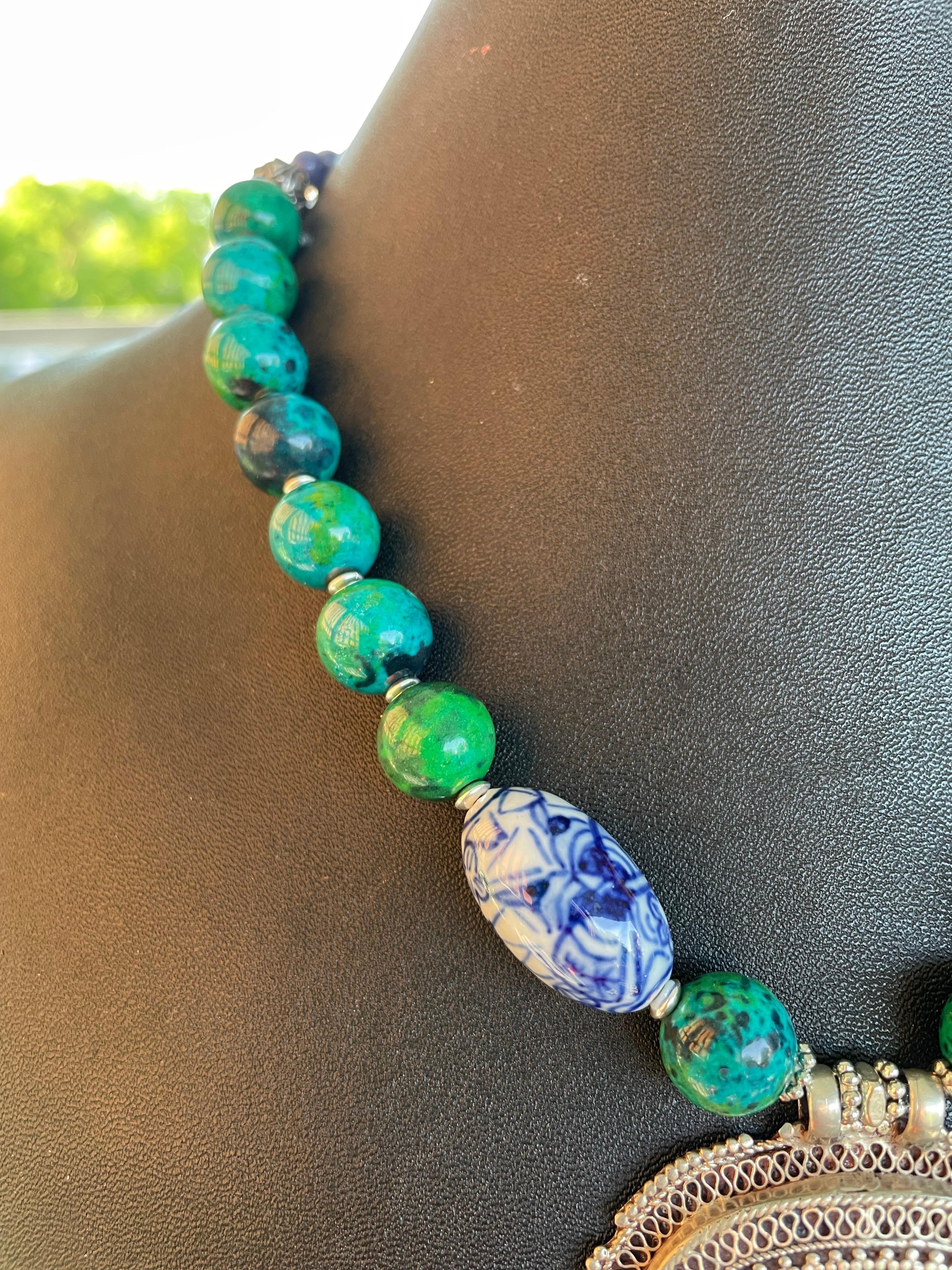Bead LB offers Vintage Tibetan pendant Chinese porcelain Azurite Lapis OOAK necklace For Sale