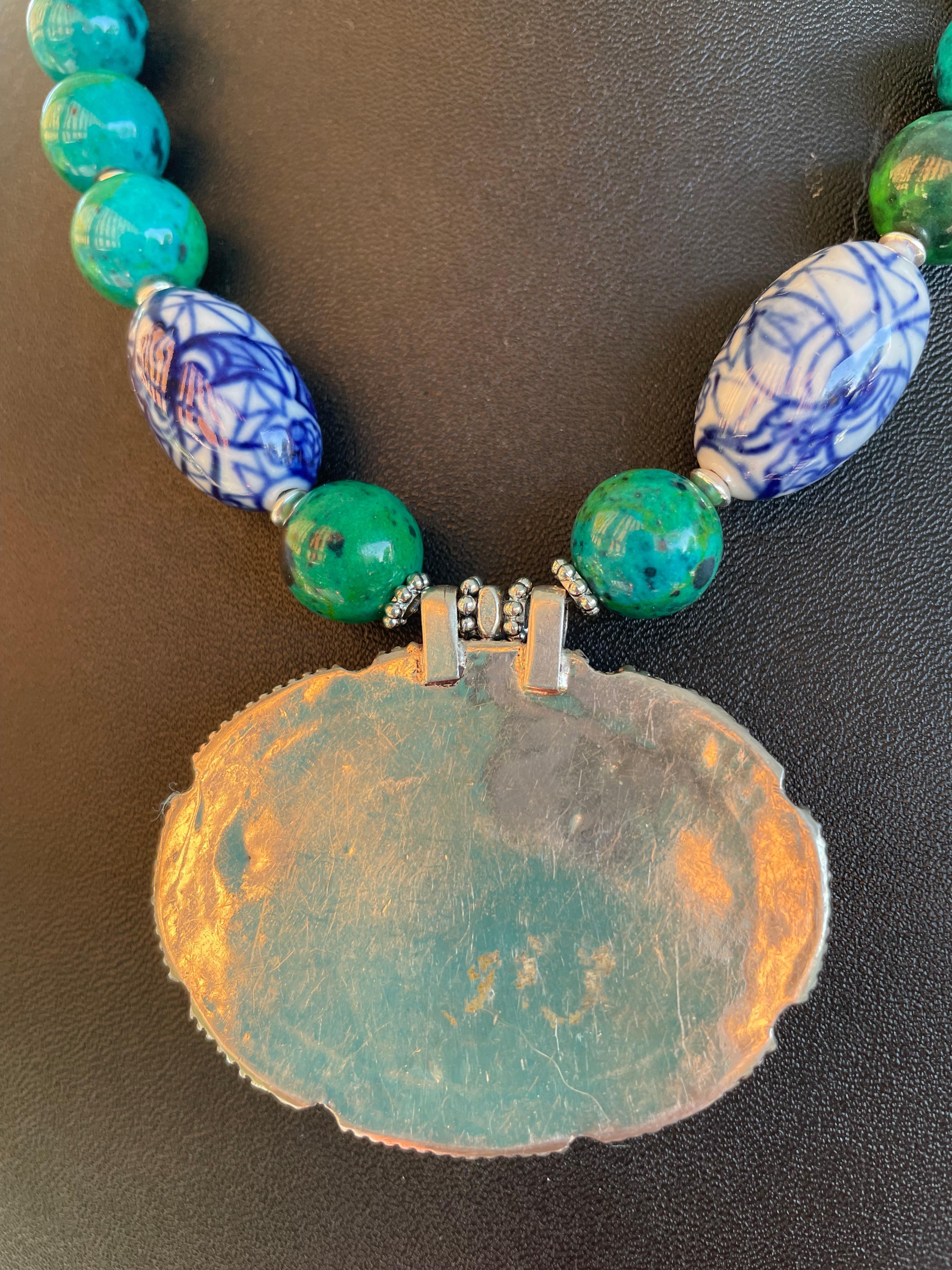 LB offers Vintage Tibetan pendant Chinese porcelain Azurite Lapis OOAK necklace For Sale 1