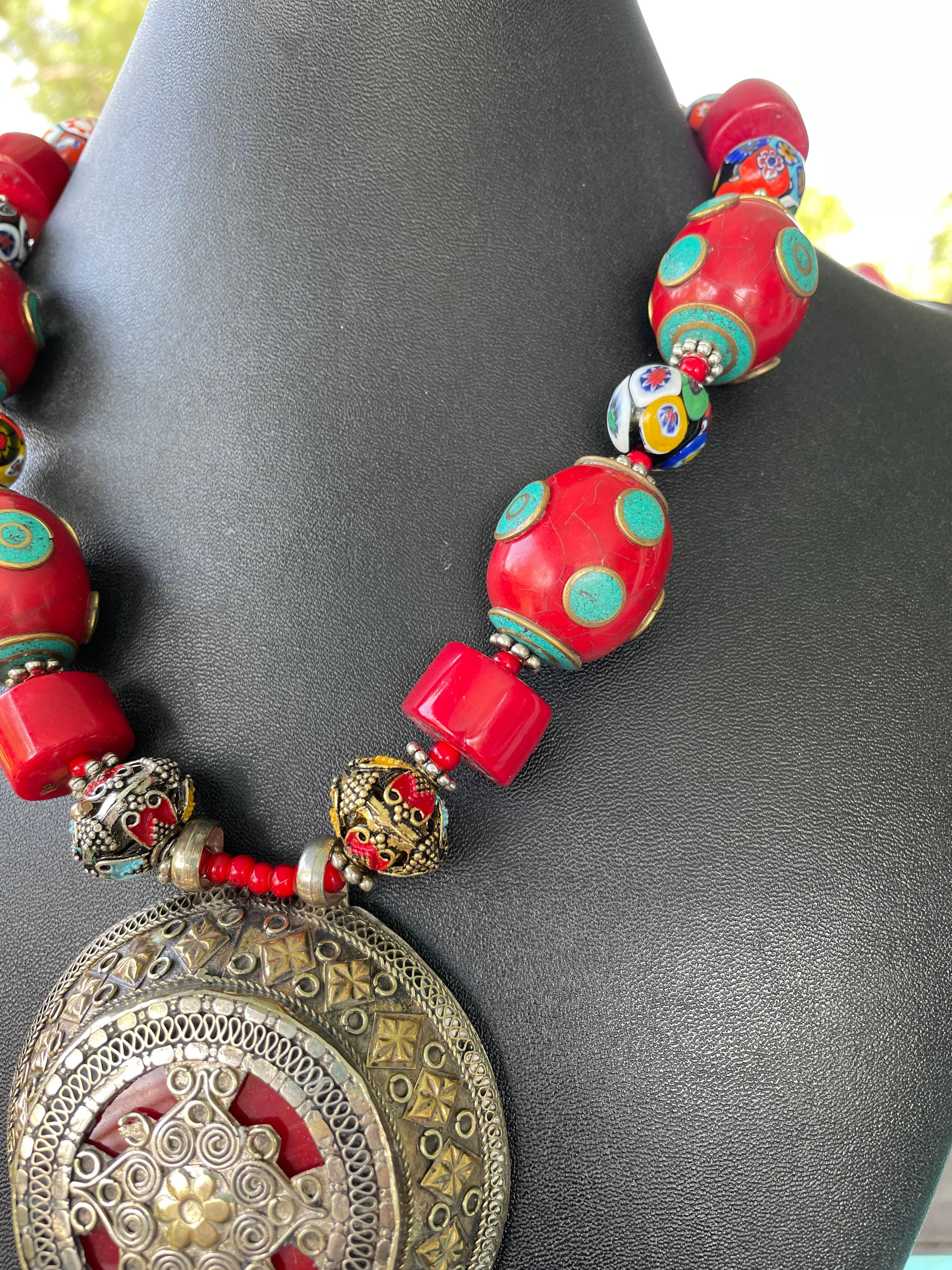 Anglo-Indian LB offers Vintage Tibetan Silver Enamel pendant Venetian glass Coral necklace
