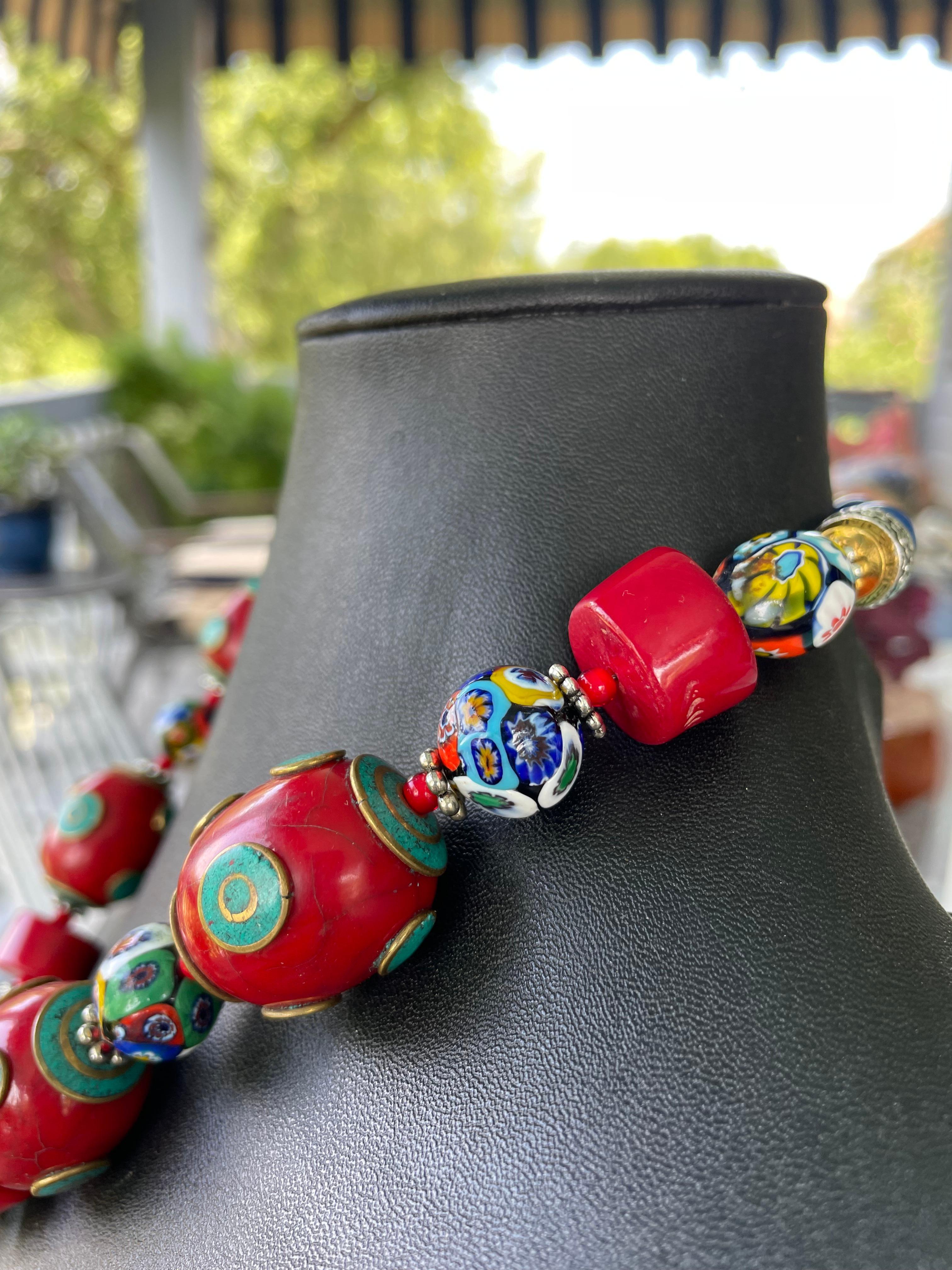 LB offers Vintage Tibetan Silver Enamel pendant Venetian glass Coral necklace In Good Condition In Pittsburgh, PA