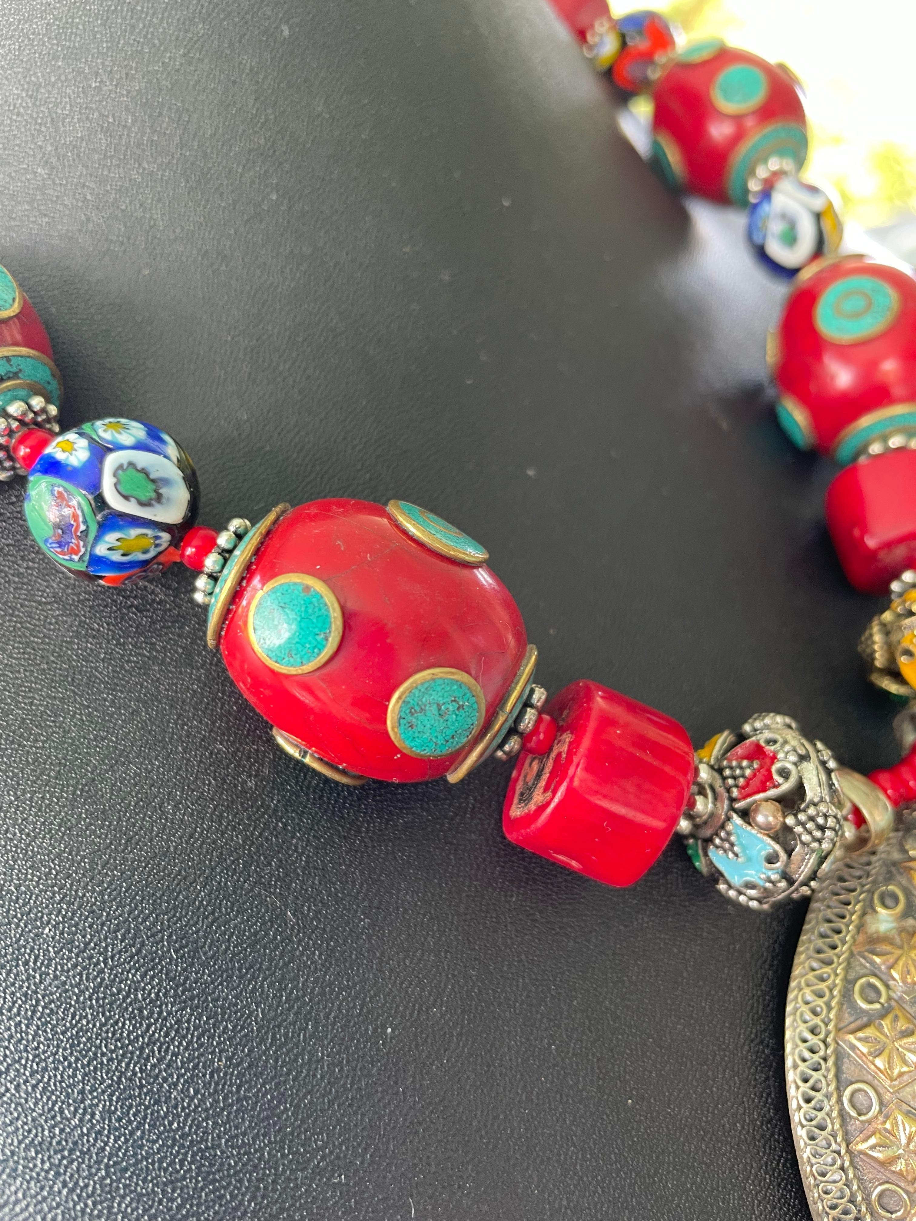 Women's or Men's LB offers Vintage Tibetan Silver Enamel pendant Venetian glass Coral necklace