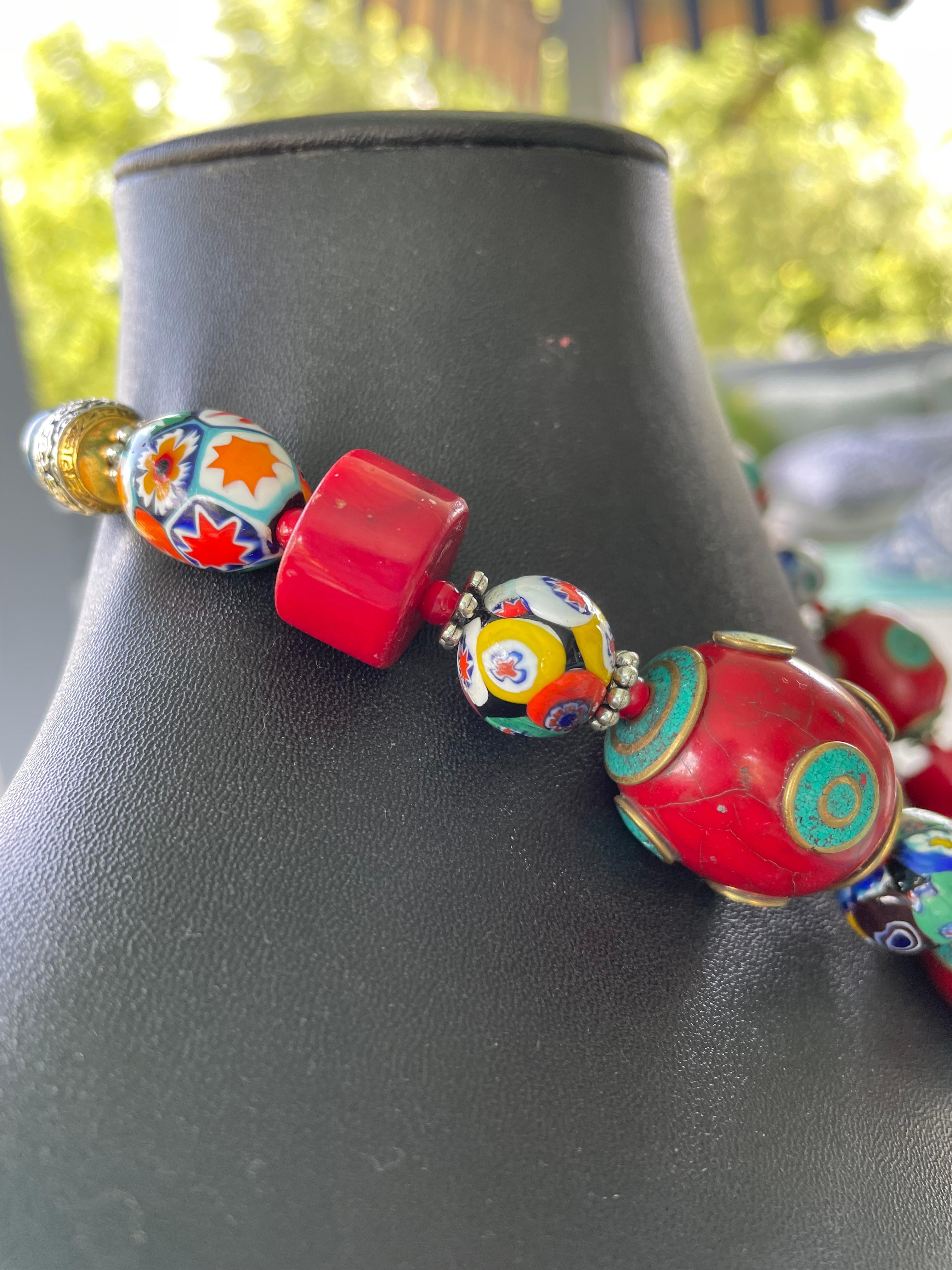 LB offers Vintage Tibetan Silver Enamel pendant Venetian glass Coral necklace 1