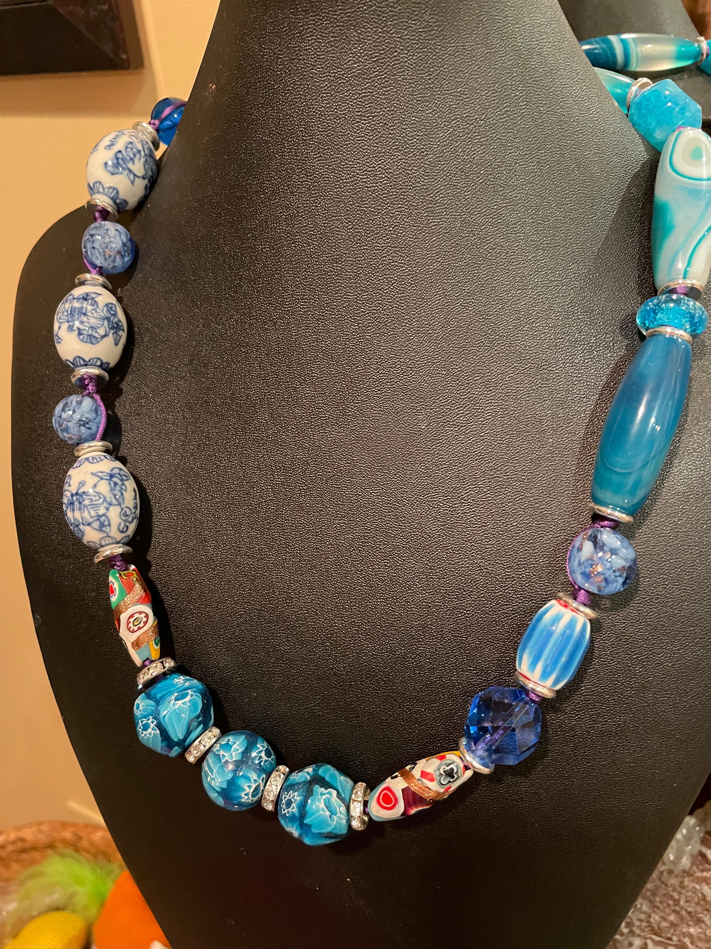 Artisan LB offers Vintage Venetian Agates Chinese ceramic Rondelles Crystal Necklace For Sale