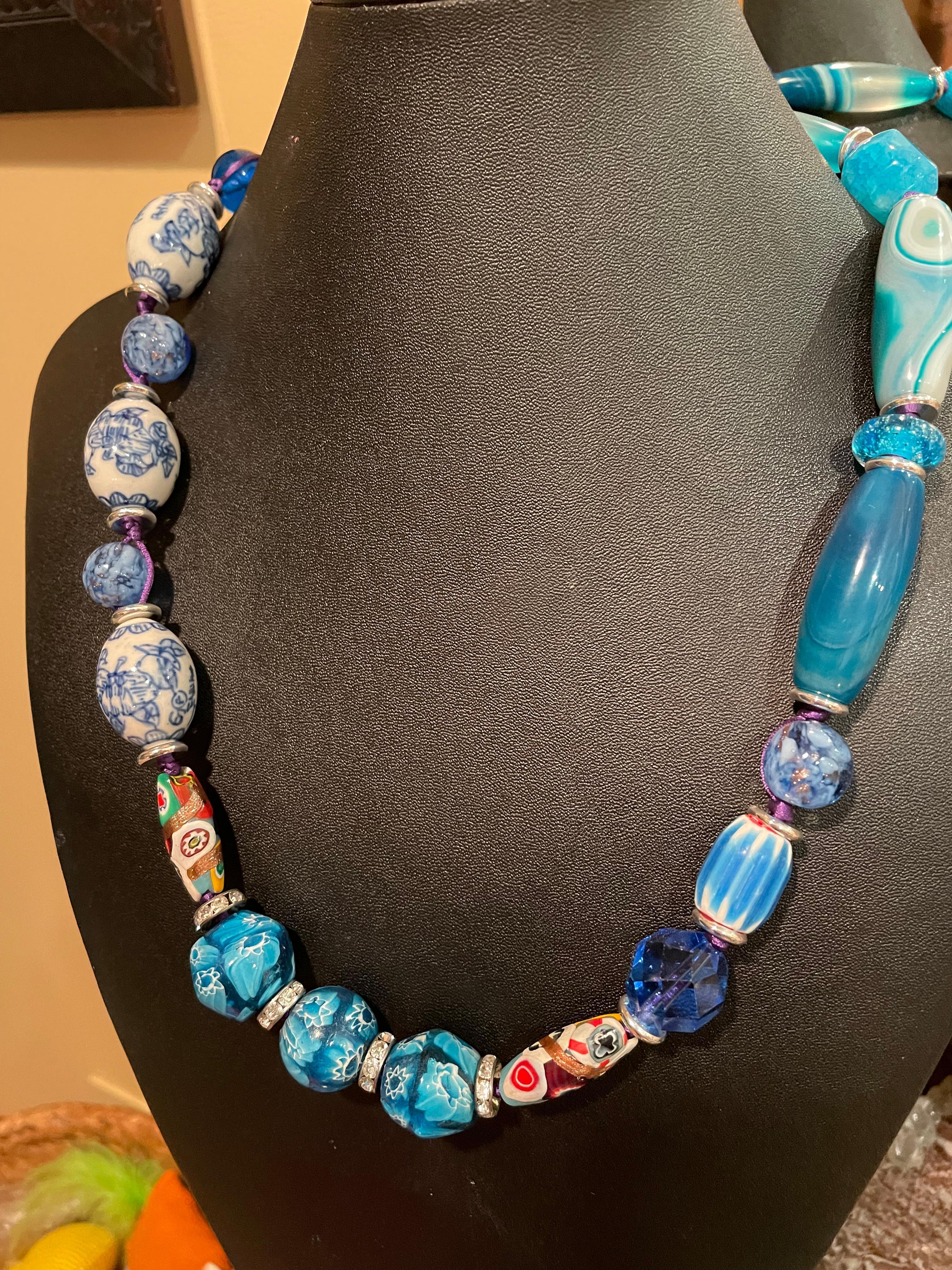 Bead LB offers Vintage Venetian Agates Chinese ceramic Rondelles Crystal Necklace For Sale