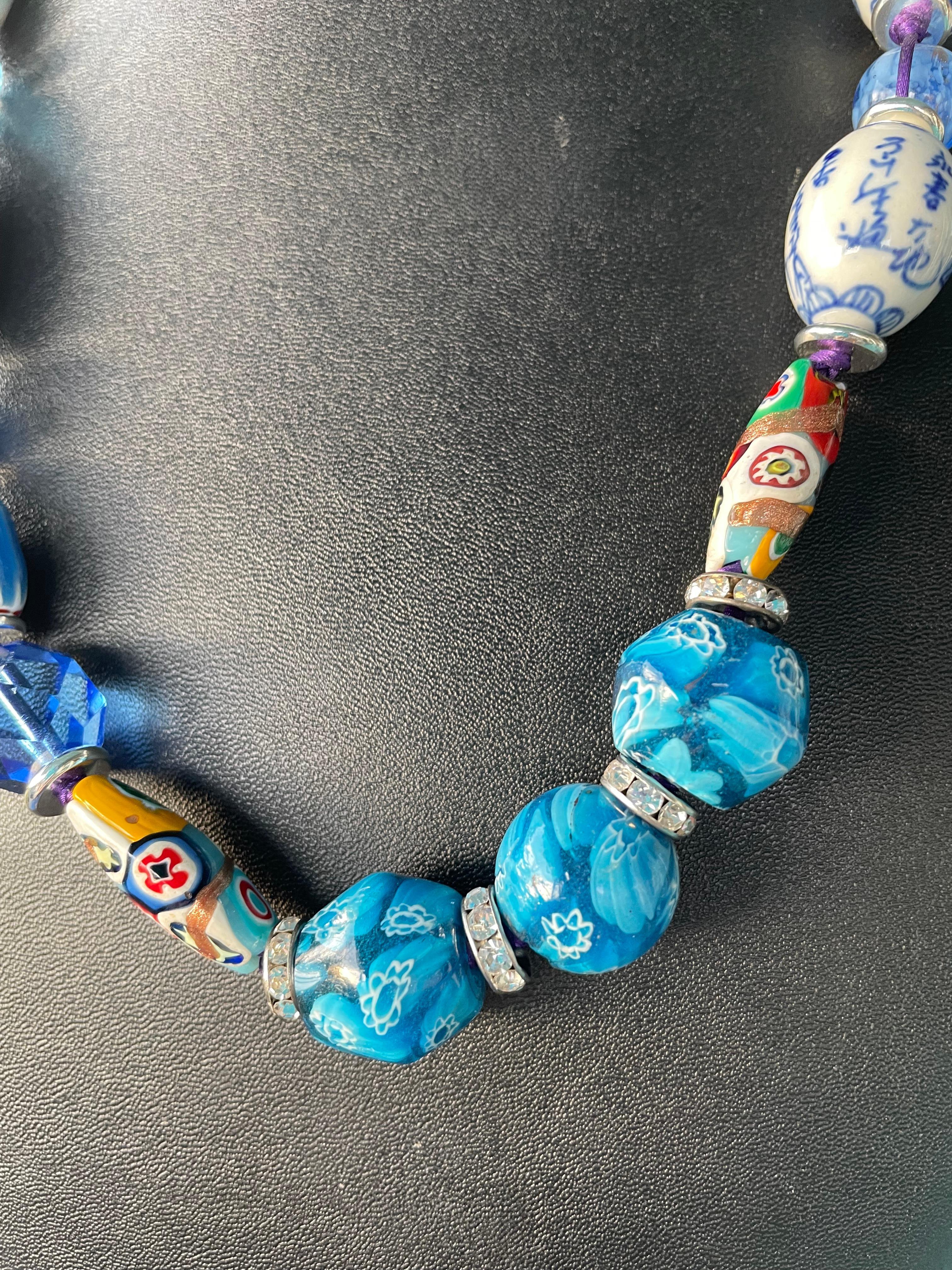 Women's or Men's LB offers Vintage Venetian Agates Chinese ceramic Rondelles Crystal Necklace For Sale