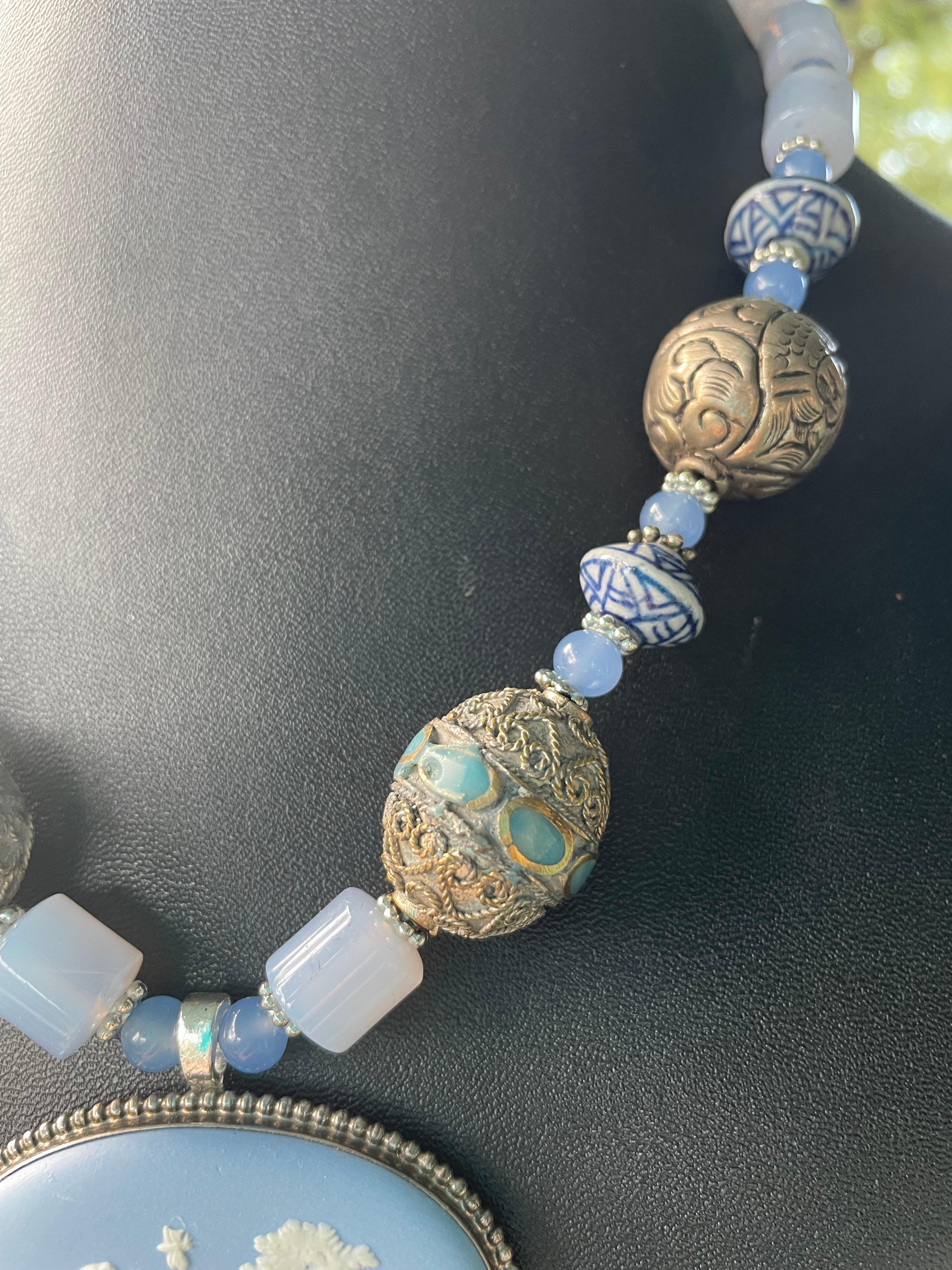 Artisan LB offers Wedgewood Jasperware pendant Tibetan silver chalcedony Lapis necklace For Sale