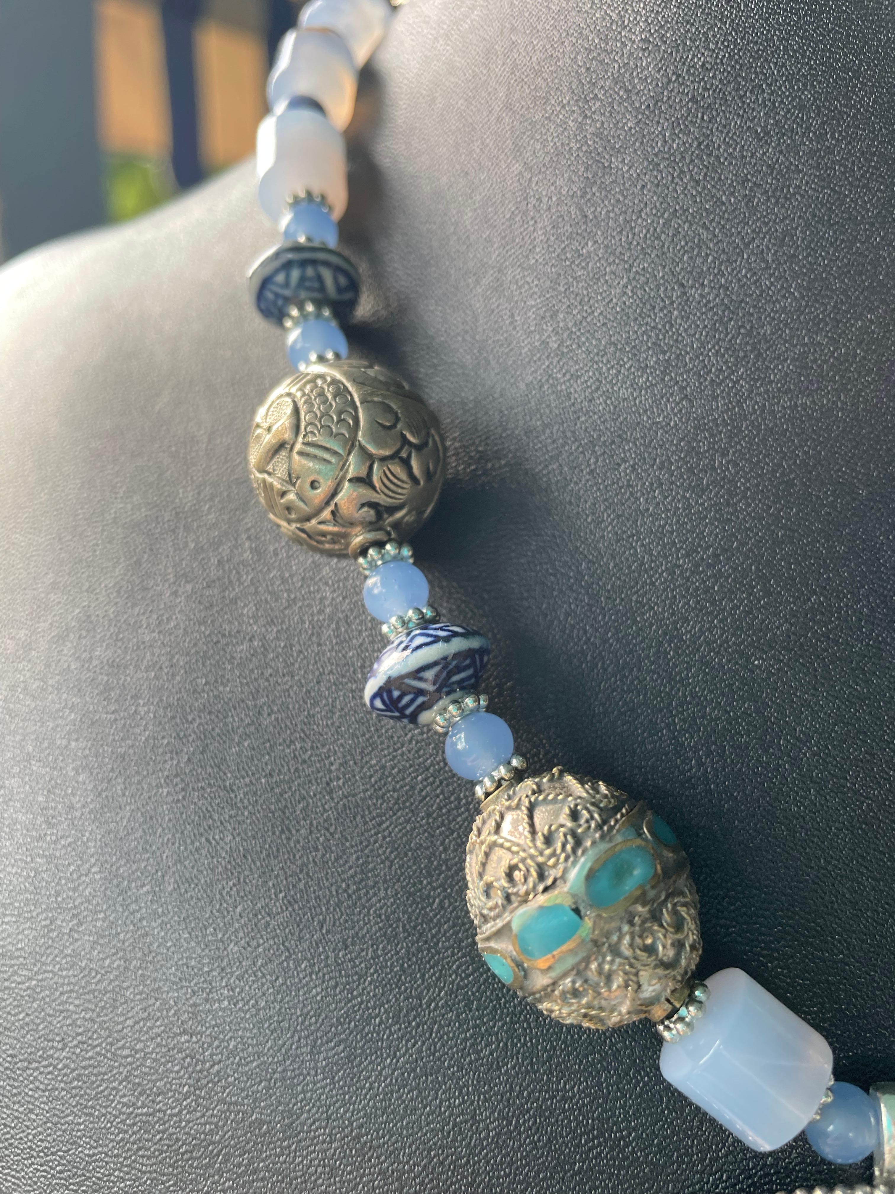 Bead LB offers Wedgewood Jasperware pendant Tibetan silver chalcedony Lapis necklace For Sale