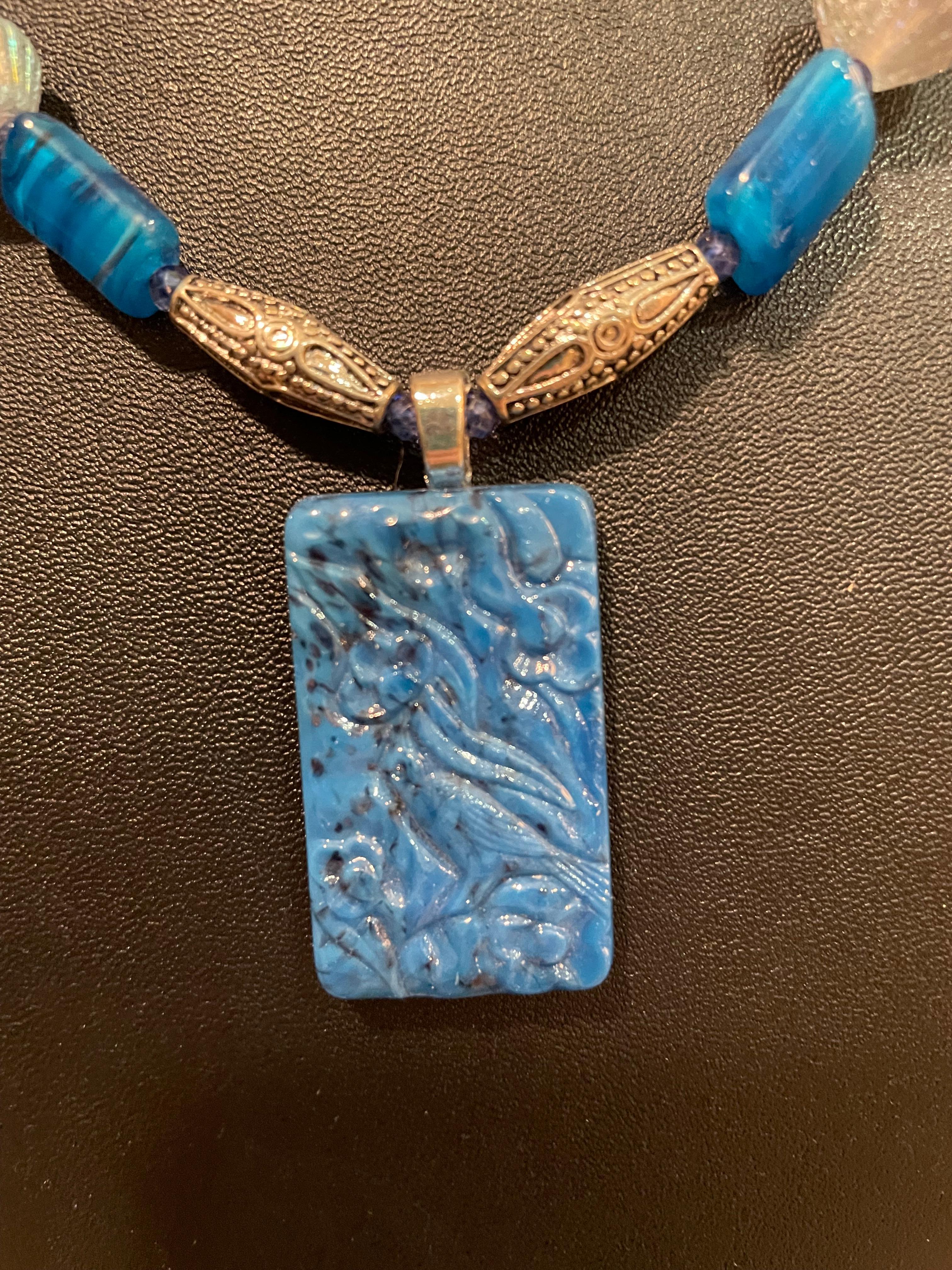 Women's LB one of a kind, handmade, Vintage Czech glass carved pendant, beads necklace  For Sale