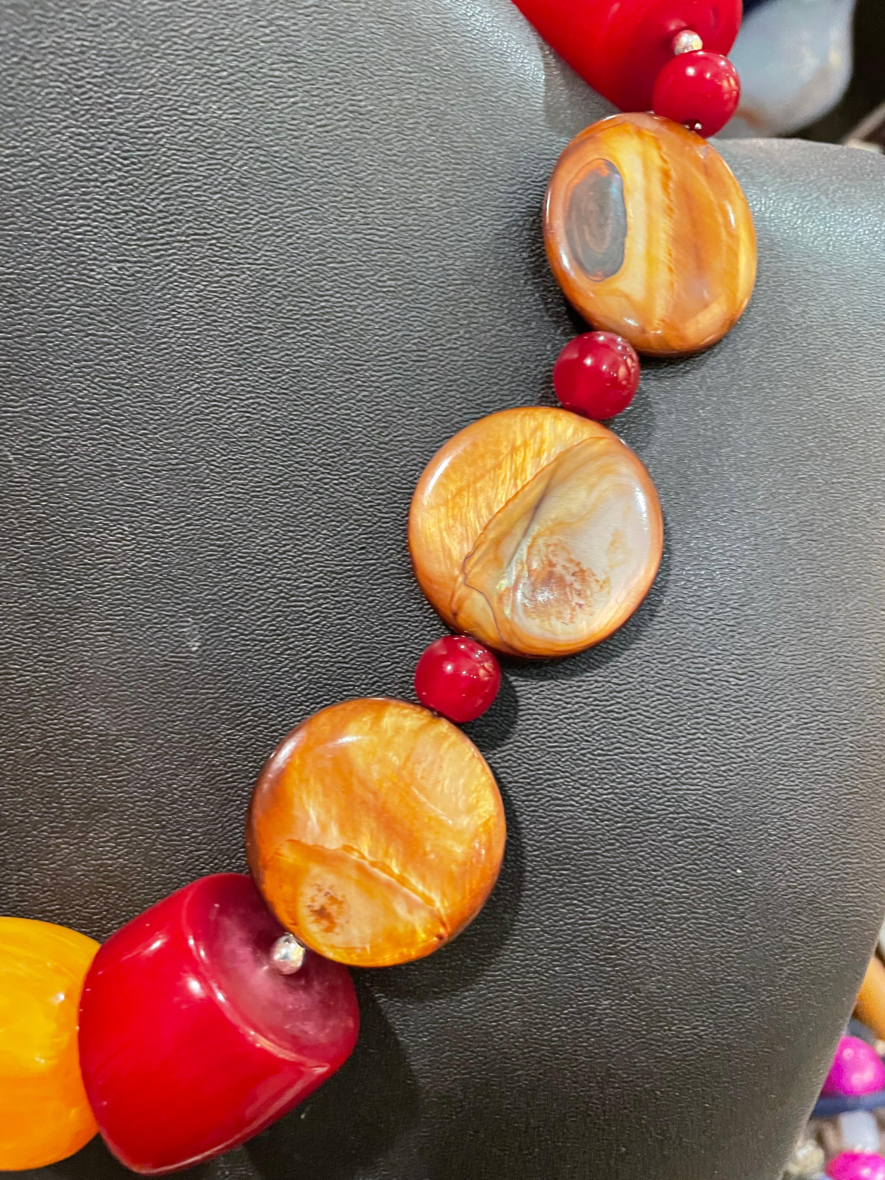 Artisan LB one of a kind Indian Resin Gold and Cranberry colored necklace with silver  For Sale