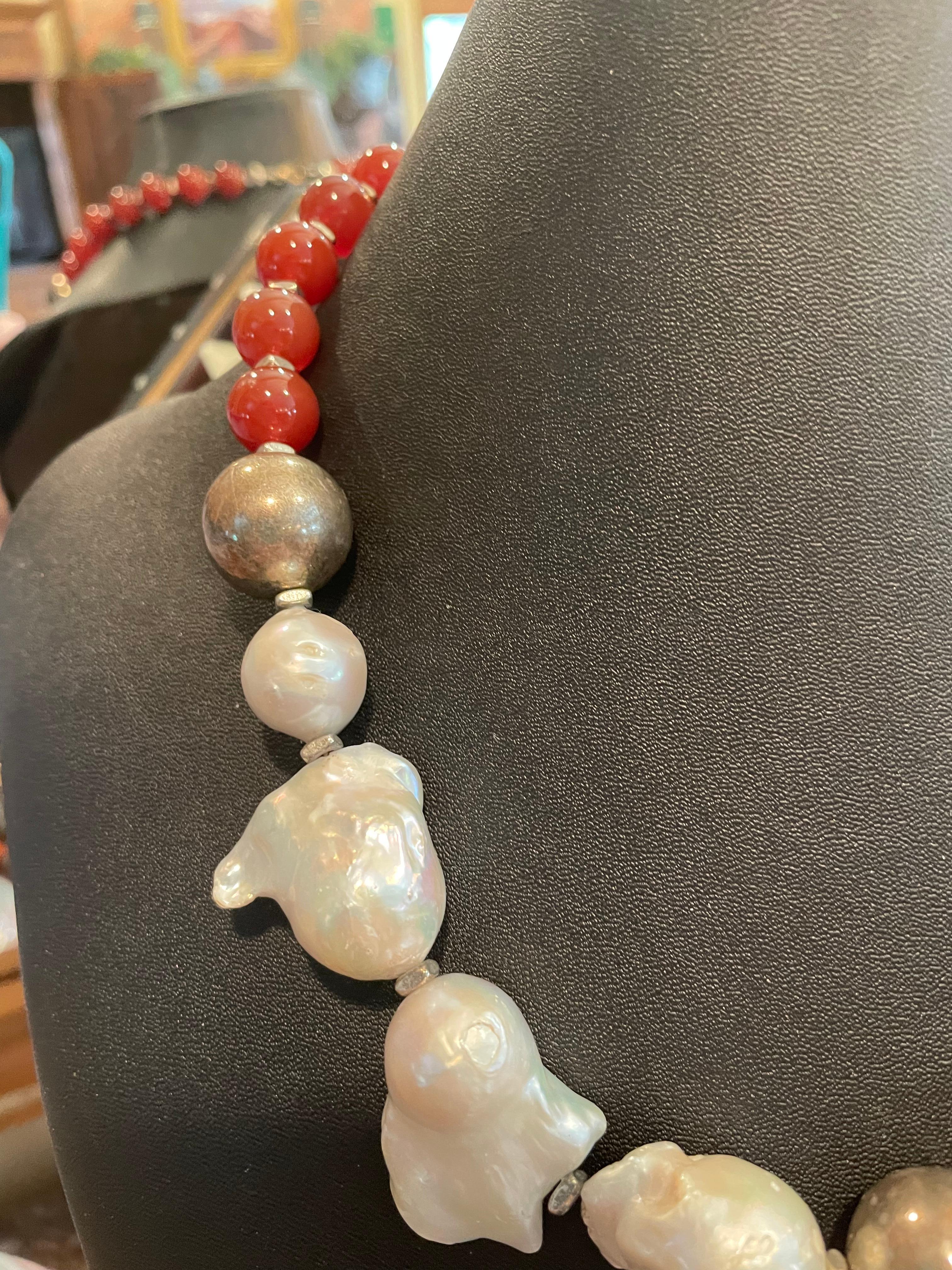 Artisan LB orange Carnelian Large Chinese Baroque Pearls Sterling Silver Necklace For Sale
