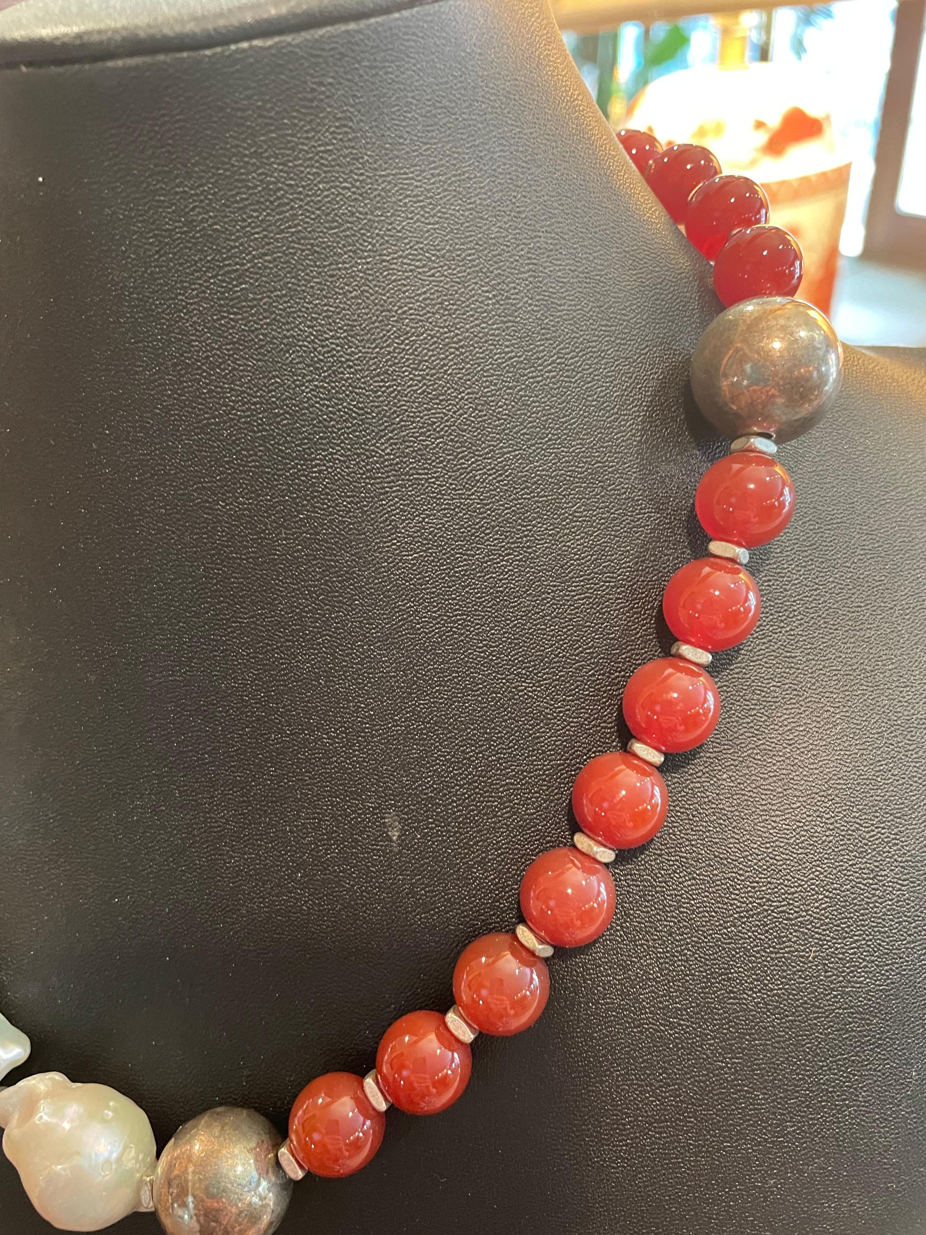 Women's or Men's LB orange Carnelian Large Chinese Baroque Pearls Sterling Silver Necklace For Sale