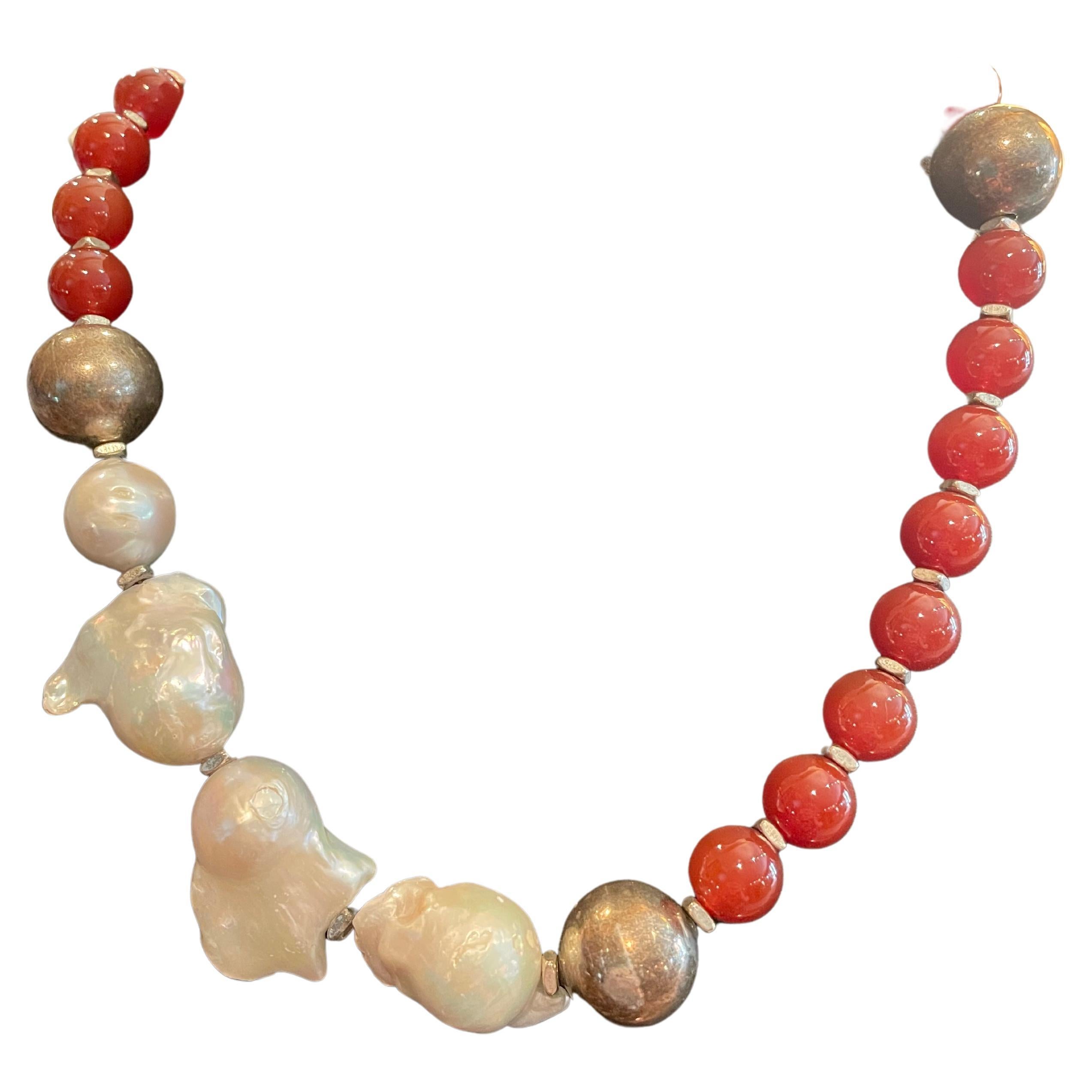 LB orange Carnelian Large Chinese Baroque Pearls Sterling Silver Necklace For Sale