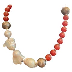 LB orange Carnelian Large Chinese Baroque Pearls Sterling Silver Necklace