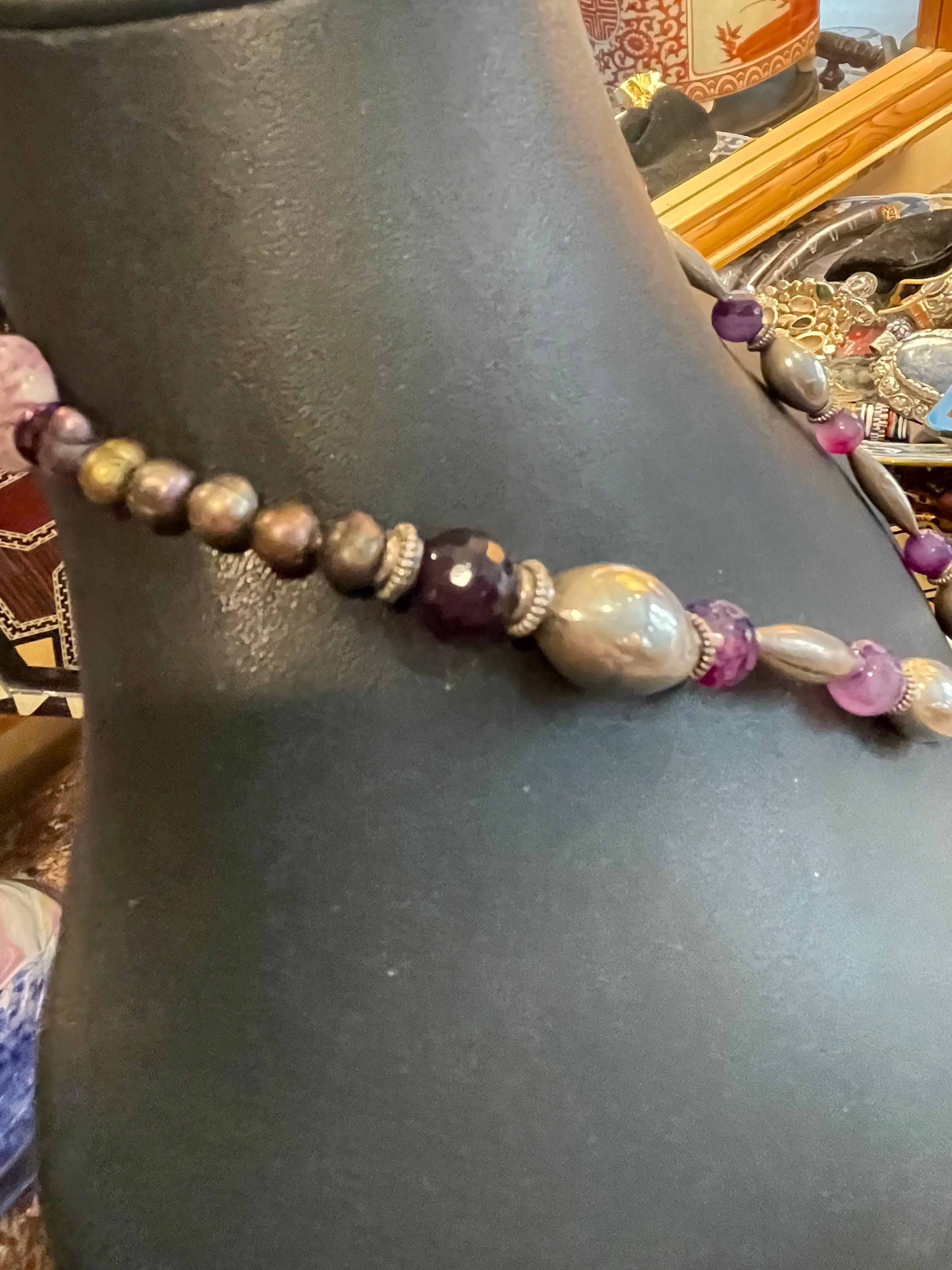 Perle LB Collier de perles en argent sterling avec pendentif en forme de feuille en améthyste et perles en argent sterling en vente