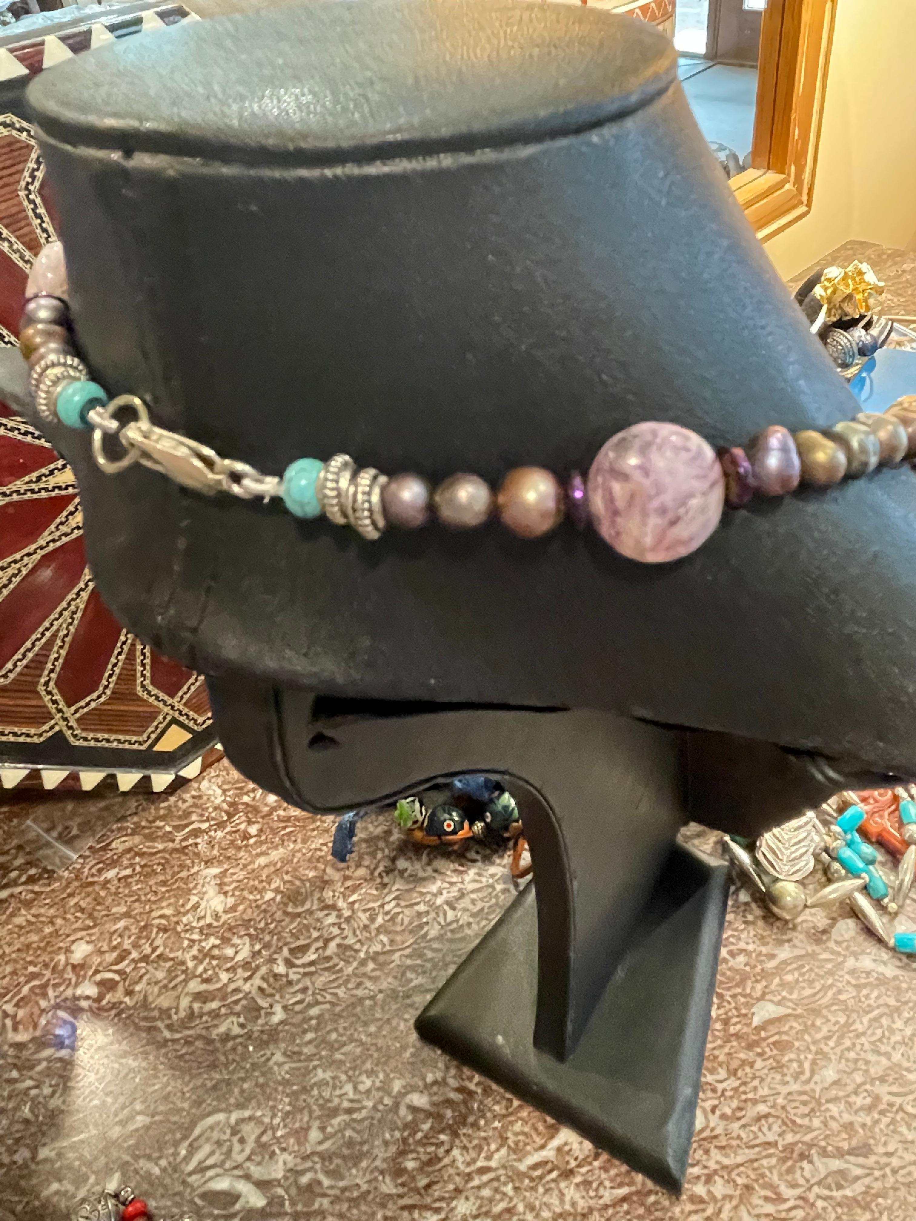 LB Collier de perles en argent sterling avec pendentif en forme de feuille en améthyste et perles en argent sterling Bon état - En vente à Pittsburgh, PA